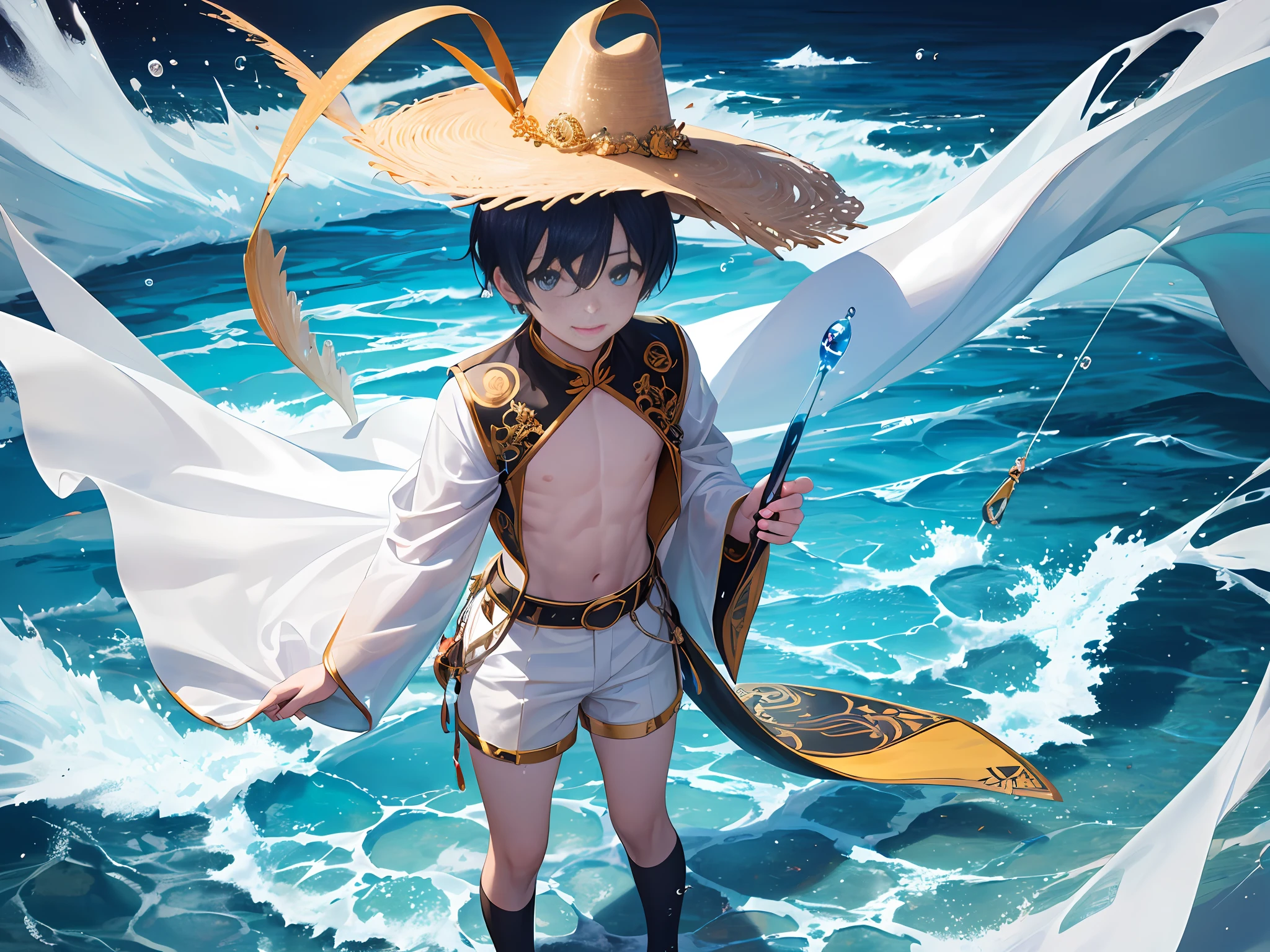(best quality), {masterpiece}, {extremely detailed}, {ultra-detailed}, {highres}, {absurdres}, (1boy:1.4), young boy, male focus, solo, anime, full body shot, (black chinese clothes, hat with gold plate and spider lily, white shorts, white socks, no shoes), (multicolored hair, black hair, very short hair, blue hair), black background, aqua eyes, water particles, ((background is in the ocean,underwear)), holding a water magic wand, smile, fish, halo, marine organism, coral,blue water butterfly,medium build, (finely detailed face and eyes), in the ocean, (magic world), cowboy shot, ((full body)) , lens flare, fancy background, blue background, (abs:0.8),ocean, --auto