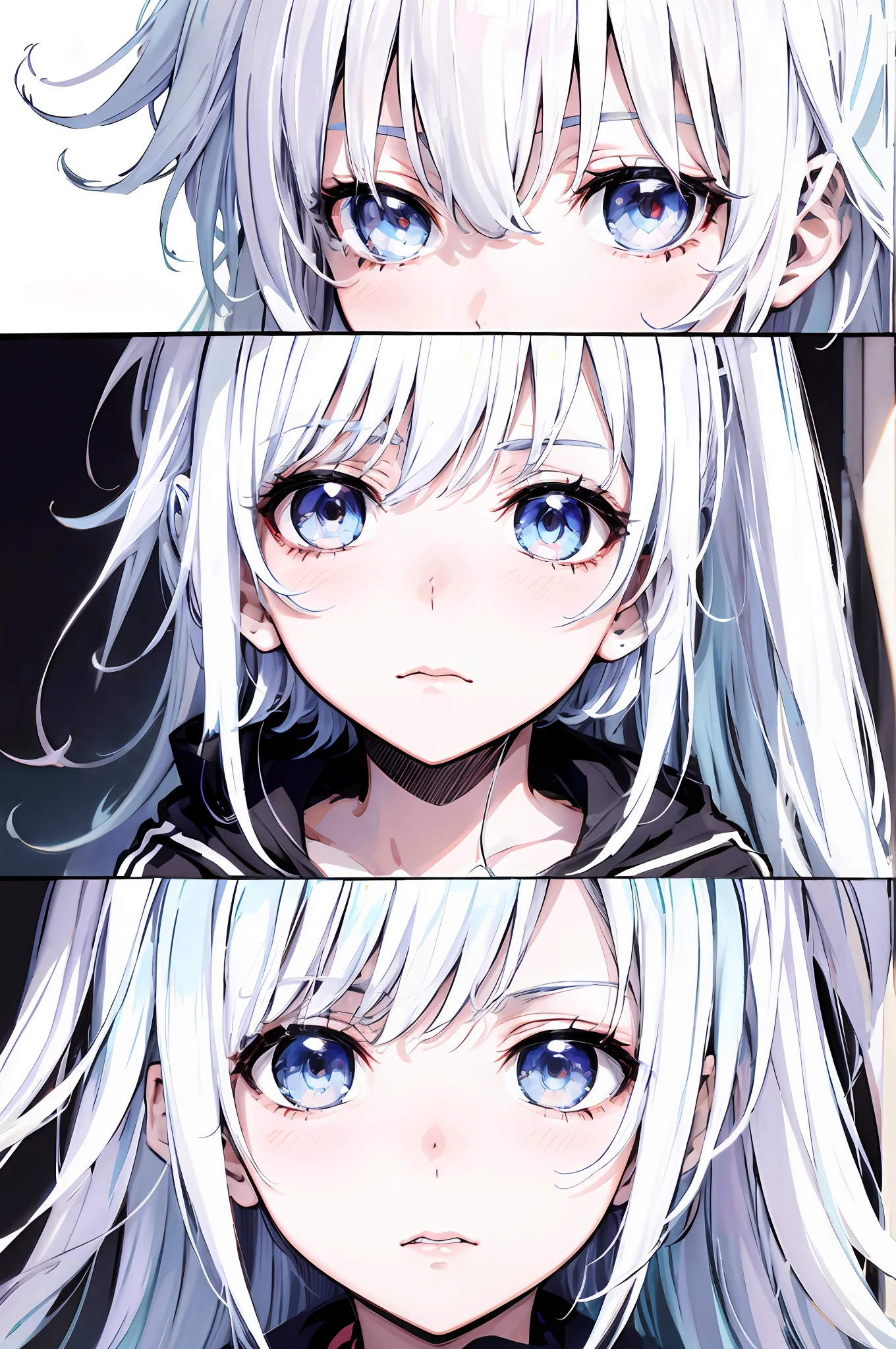 Anime girl with white hair, White eyes and black jacket, white haired Cangcang, Perfect white haired girl, Girl with white hair, Stunning anime face portrait, cute anime girl portraits, White-haired, extremely cute anime girl face, sad cerulean eyes, Anime moe art style, she has white eyes!!!, clean and meticulous anime art, ahegao, from girls frontline,A face,one-girl