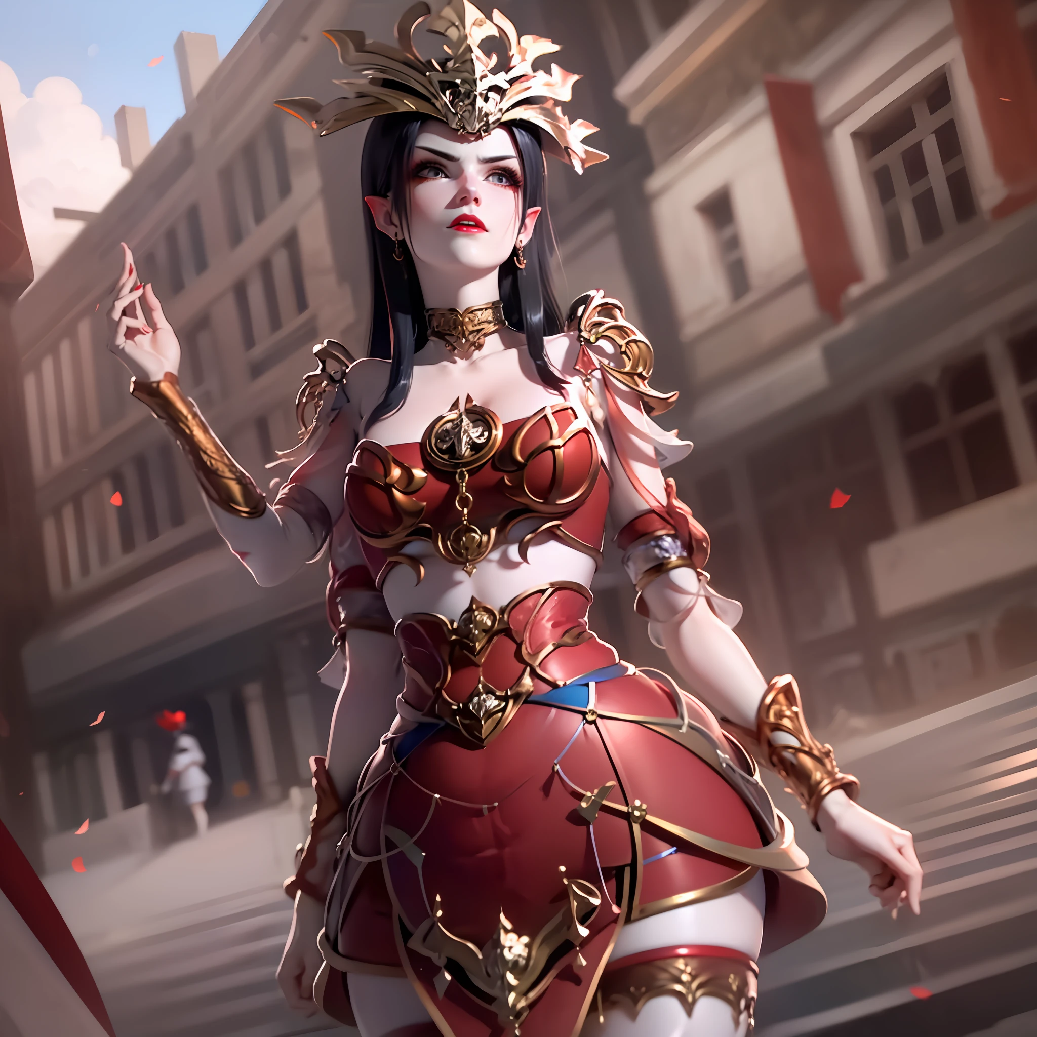 Need, tmasterpiece, brunette color hair, Redcoat, Look up, The upper part of the body, Hairline, Fair skin, dishiveredhair, red theme, a skirt, red dress, Conservative skirt