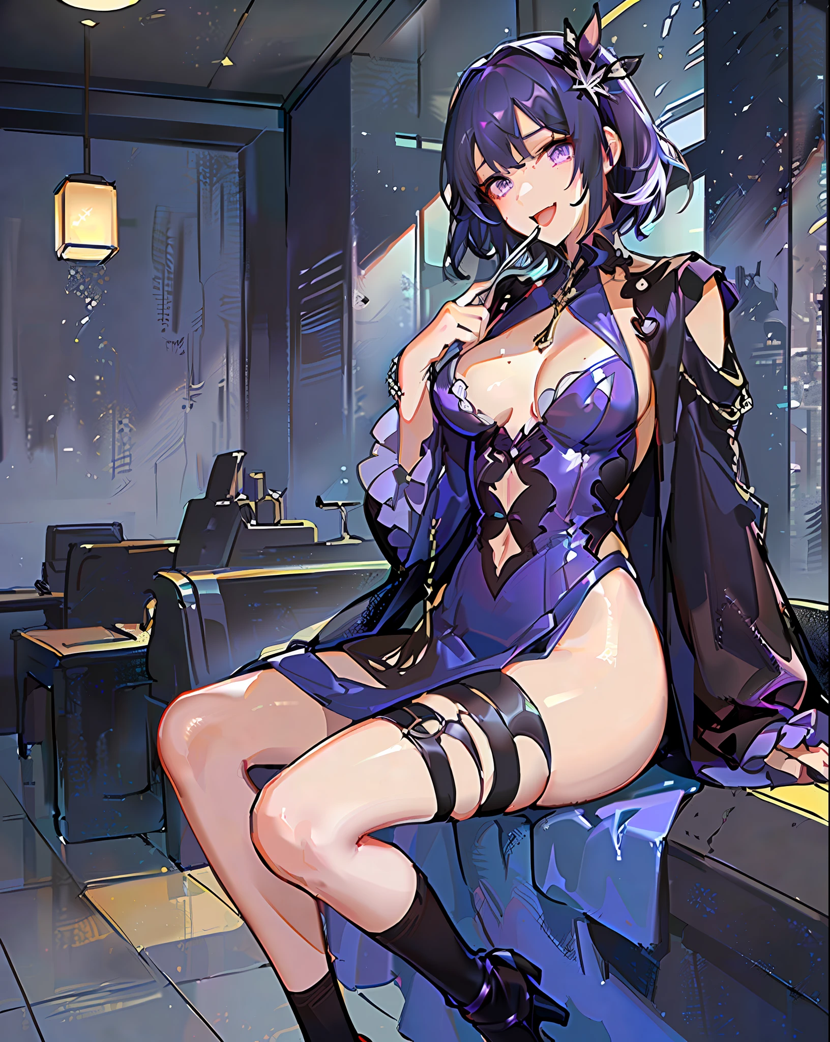 mages，teens girl，Purple robe，Purple hair big breasts，short detailed hair，Thunder magic，Sly laughter，Fork legs