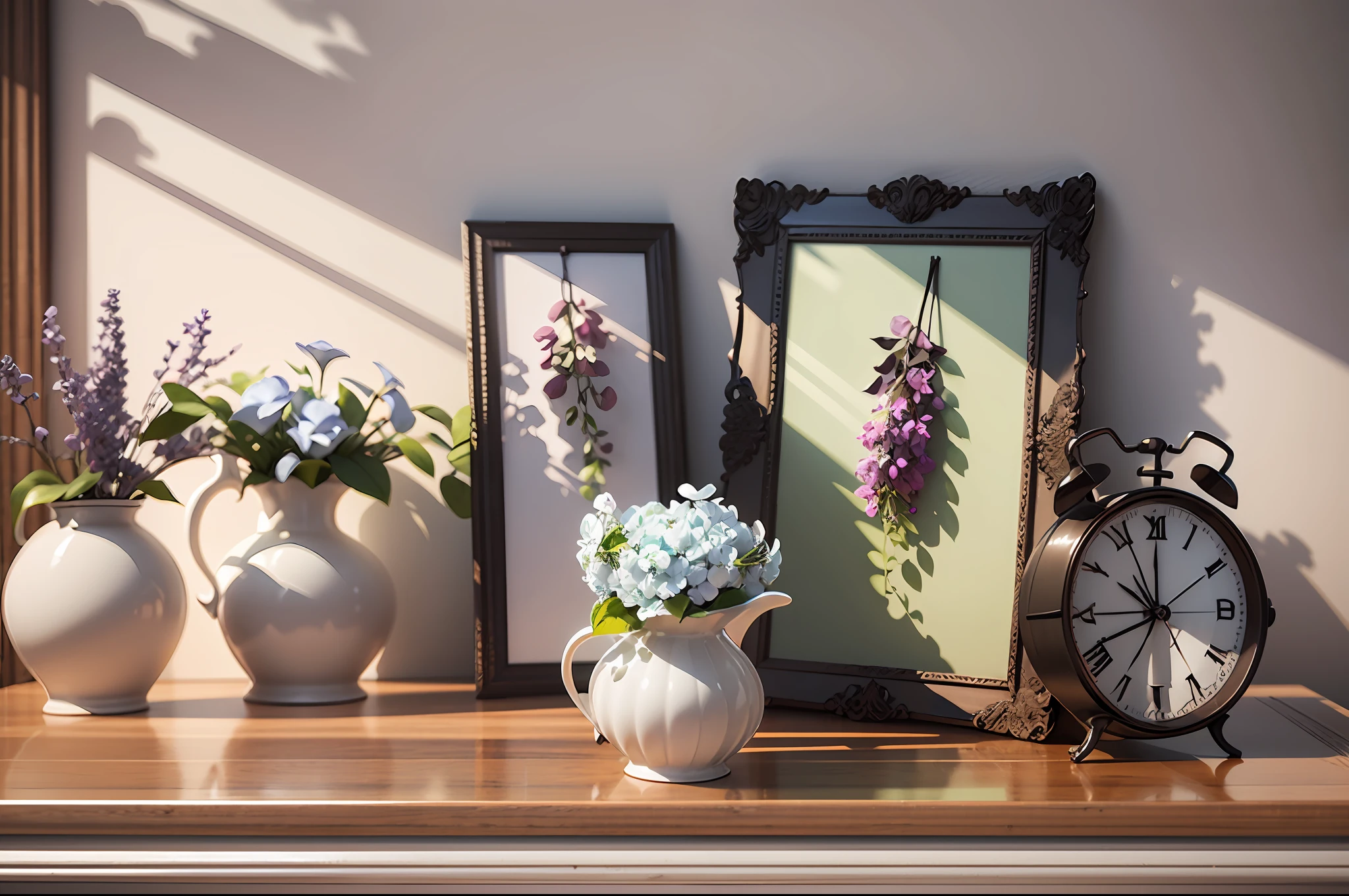 Three photo mockup frames and bouquet of lilac blossoms on the shelf. Clipping path included. 3D render. 3D illustration --auto --s2