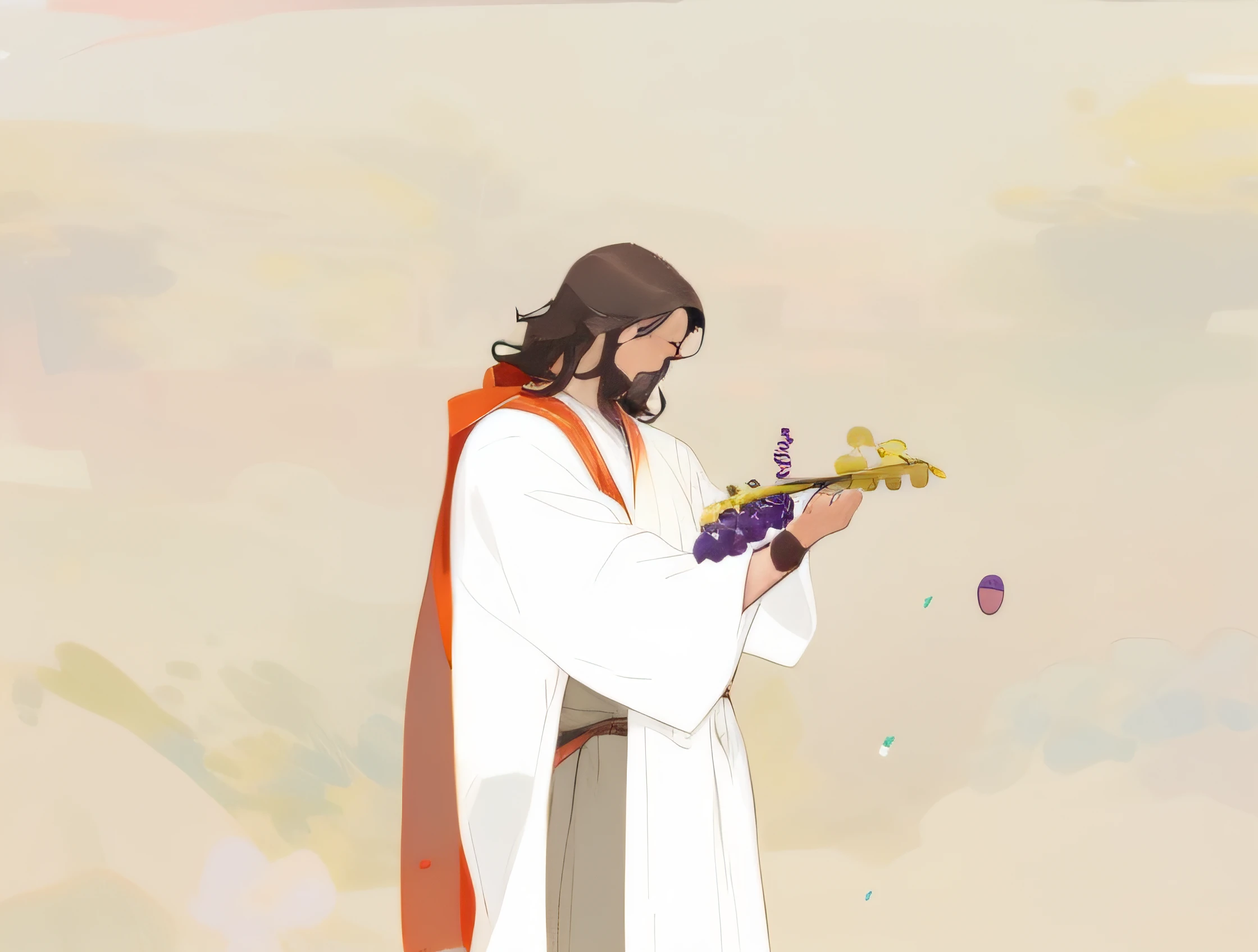A short-haired man in a robe and red coat holds a bunch of grapes,Jesus