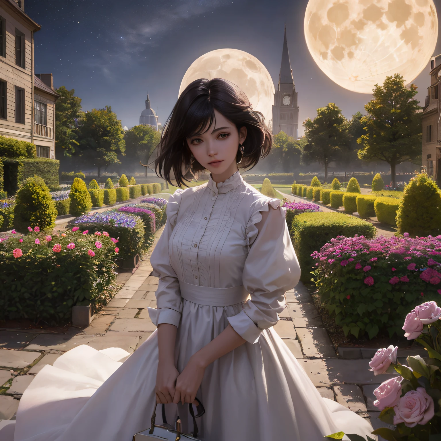 Garden in the middle of the night, The moon is clear ,Countless stars in the sky emit Vivi's blue light,A variety of flowers that can be clearly touched in the garden, The picture is clear,ultra HD picture quality,high detal,8k,ultra-realistic realism,Brightism,romanticism lain,Three-dimensional feeling,Three-dimensional painting,Fortified colors,complementary colours,Vertical painting shadows,Sony shots,