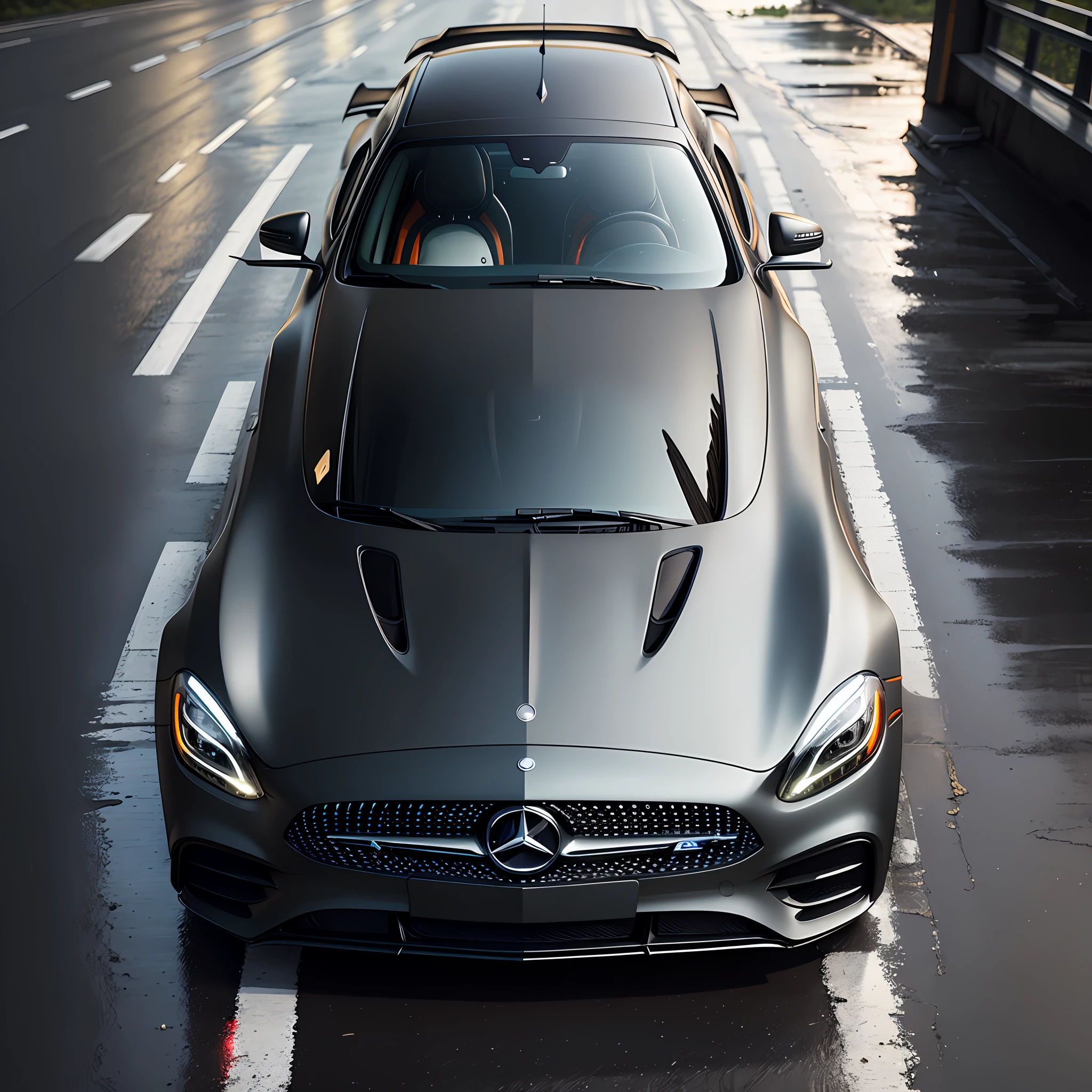 A high resolution,Reflectors,hyper-detailing,The Car,Supercar,matte black,Cool,Reflectors:1.4,Highway on rainy days,Mercedes Benz --auto