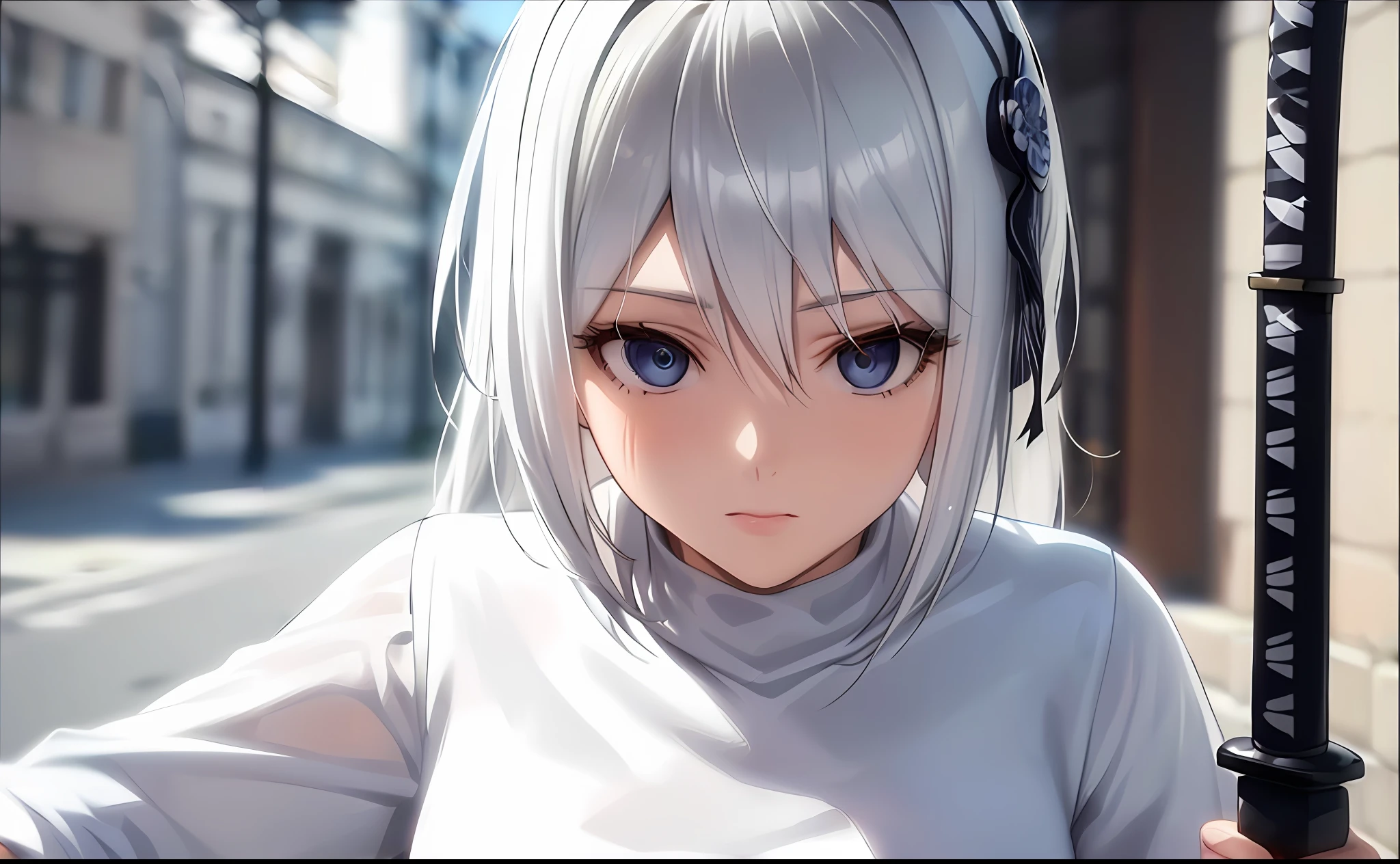 A close-up of a city of a woman in a white shirt,white hime cut hairstyle,Stunning and realistic anime style,Detailed 3D atmosphere,Subtle anime inspiration,Beautiful white-haired woman,katana swords,This person is like a very realistic anime girl。