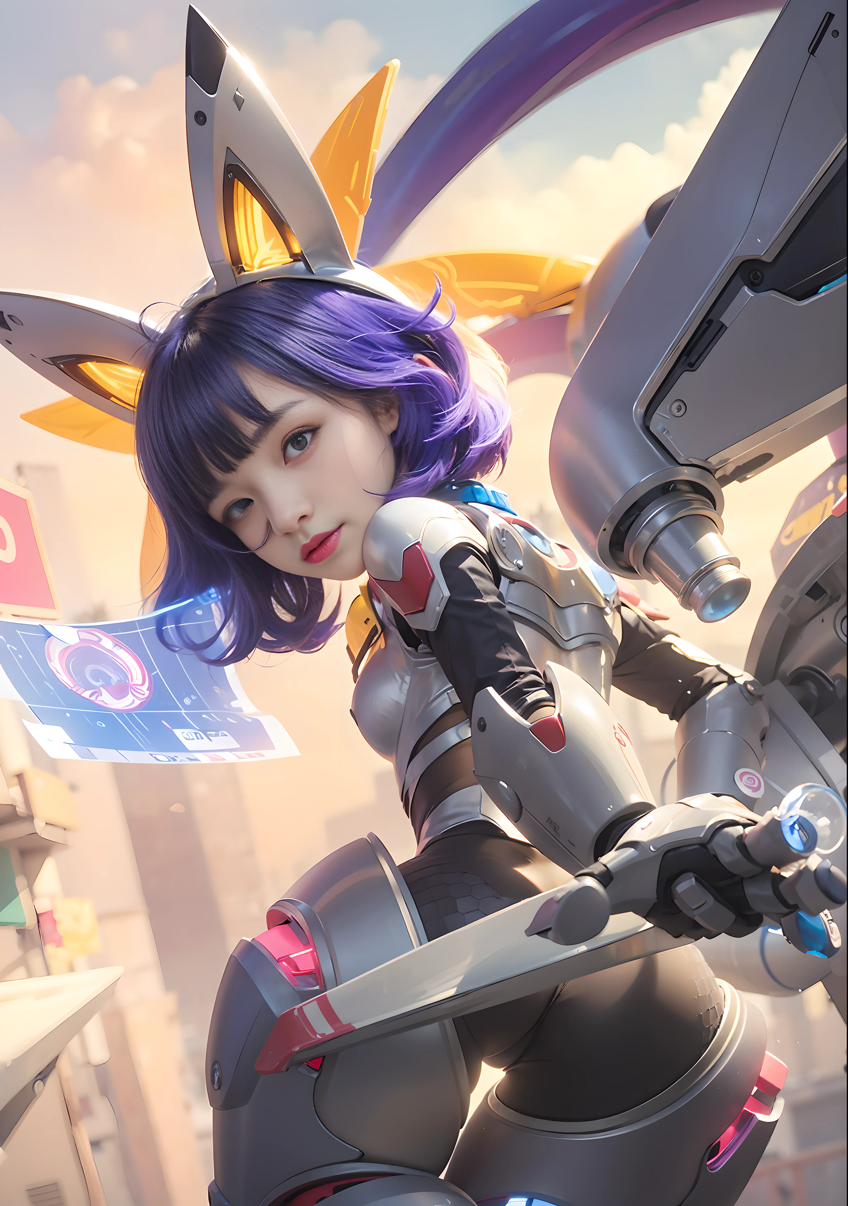 (female:1.2), 8k, ultra hd, ultra detailed texture, hyper realistic, masterpiece, detailed texture, detailed face, detailed skin, detailed lighting, (photorealistic:1.5), best quality, beautiful lighting, cinematic lighting, professional lighting, ultra highres, realistic, detailed hair, real hair, high quality, (realskin:1.5), extremely detailed, finely detail, ultra-detailed, 1girl, , loli, mechausume, solo, floating, flying, mechanic animal ears, mechanic fox ears, (blue eyes), wide eyes, lips, pink lips, little nose, parted lips, open mouth, smile, make up, pretty, beautiful, cute face, short hair, purple hair, bangs, small breasts, thigh, ass, mechanic wings, mechanical armor, mechanic gloves, mechanjc legwear, nana \(mobile legends\), floating projection screen, looking back, looking aways, looking down, from behind, white skin, skin tight, outdoors, futuristic, robotic, mechanic, blurry background