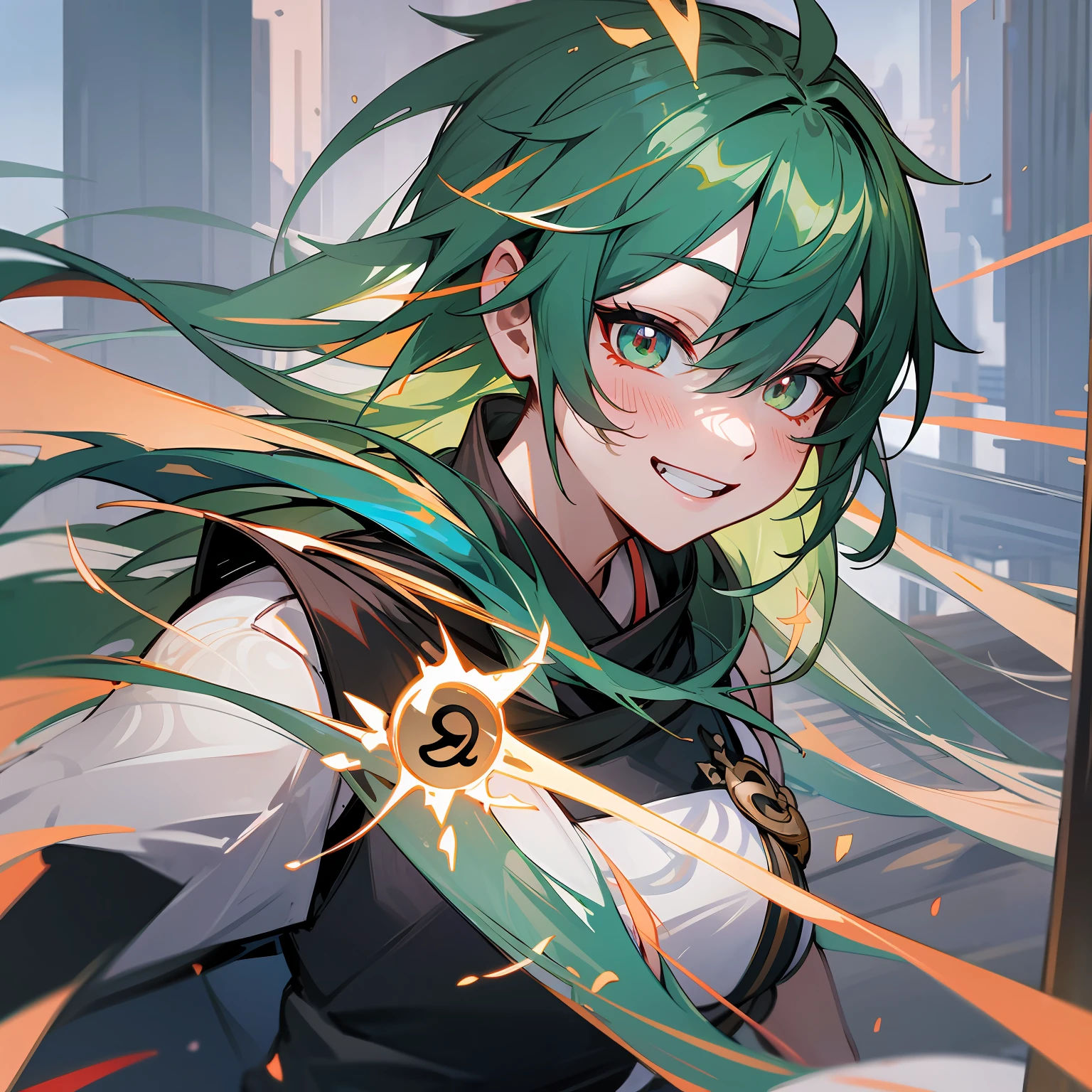 1 Boy Male,Pale green hair,A small braid,Light pink eyes Flame,Sunshine, Glowing, side-lighting, the wallpaper,Wear a black short-sleeved top and black cargo pants and black military boots,,Handsome and heroic,combats,Look at the viewer,(Smiling eyes),Laughing heartily,(sportrait,above chest,Extremely close-up),It looks beautiful and moving --auto