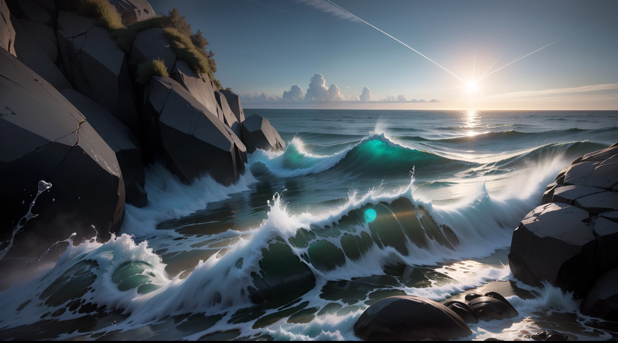 The sea is raging,Black sea,The rocky seaside is below the picture,Clear sky,Central dishwasher,frontal vision,wide angles,ultra-realistic realism,lens flare glow,lightand shade contrast