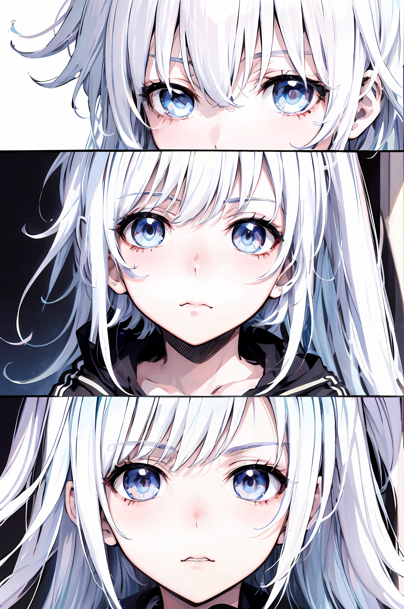 Anime girl with white hair, blue eyes and black jacket, white haired Cangcang, Perfect white haired girl, Girl with white hair, Stunning anime face portrait, cute anime girl portraits, White-haired, extremely cute anime girl face, sad cerulean eyes, anime moe art style, she has white eyes!!!, clean and meticulous anime art, ahegao, from girls frontline
