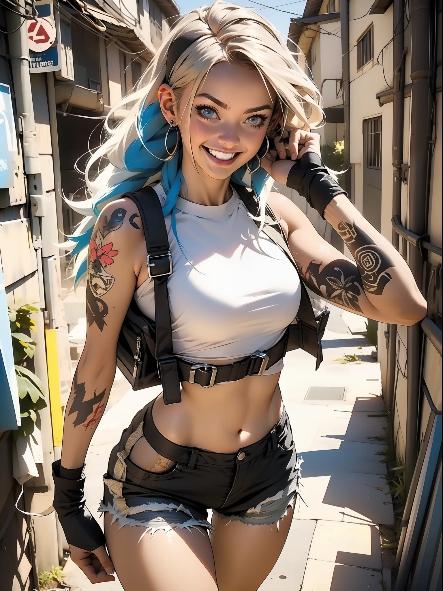 Nijistyle, uma garota furiosa como Tank girl, using a apocalíptico cloth, shorts curtinho com cinta liga, joelheiras, luvas camiseta curta mostrando a barriga a parte de baixo dos seios, cyberpunk do deserto, armas na cintura, tank de guerra, Tank girl, tatuagens, ((( cabelos moicanos coloridos ))), funny with a mocking smile