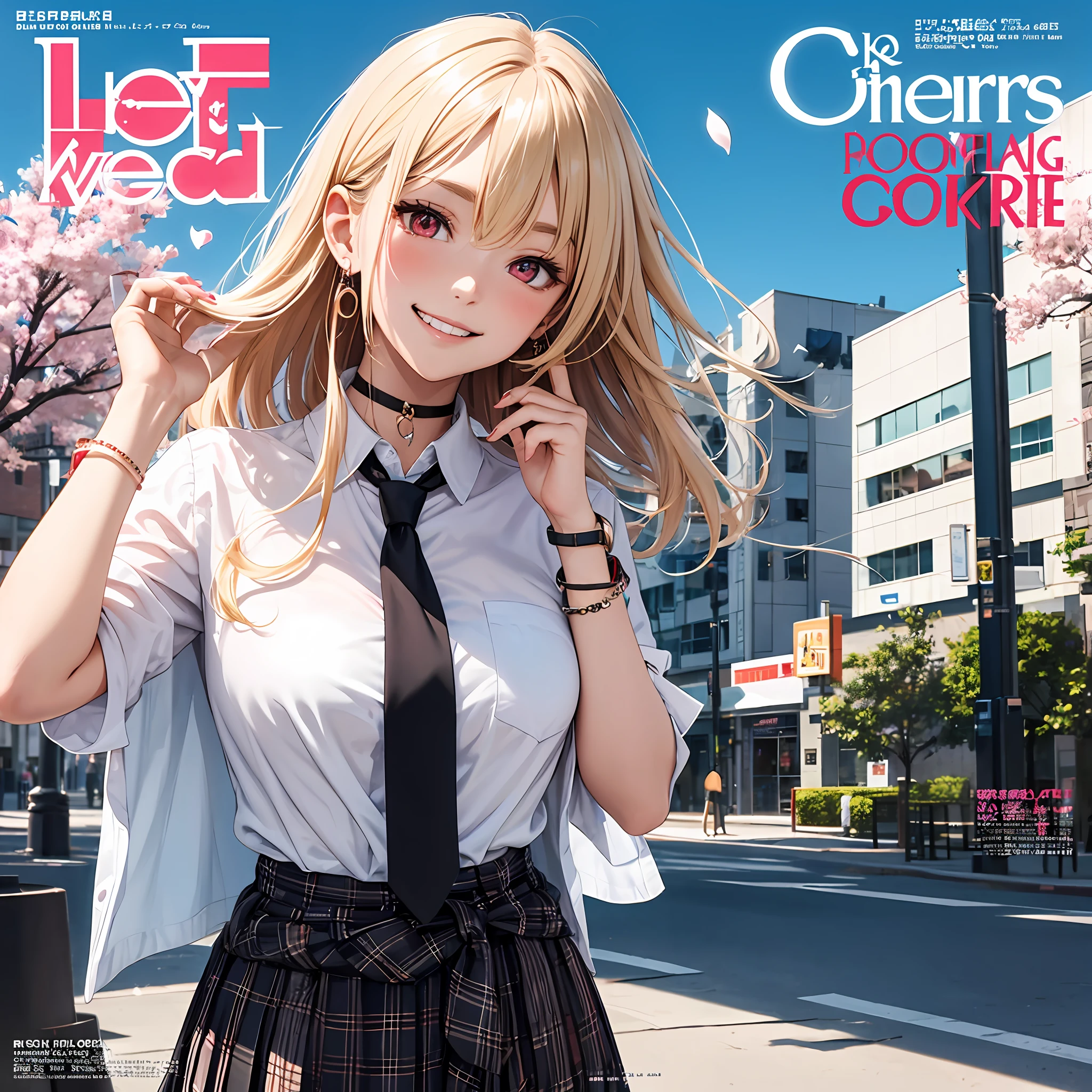masterpiece, best quality, full body, 1girl, bangs, black choker, black necktie, blonde hair, blue skirt, blush, bracelet, breasts, choker, clothes around waist, collarbone, collared shirt, cowboy shot, dress shirt, ear piercing, eyebrows visible through hair, gradient hair, grin, gyaru, jewelry, kogal, long hair, looking at viewer, loose necktie, necktie, piercing, plaid, plaid skirt, pleated skirt, red eyes, ring, school uniform, shirt, skirt, smile, solo, white shirt, street, sky, cherry blossoms, petals,illustration, (magazine:1.3), (cover-style:1.3), fashionable, woman, vibrant, outfit, posing, front, colorful, dynamic, background, elements, confident, expression, holding, statement, accessory, majestic, coiled, around, touch, scene, text, cover, bold, attention-grabbing, title, stylish, font, catchy, headline, larger, striking, modern, trendy, focus, fashion, --auto