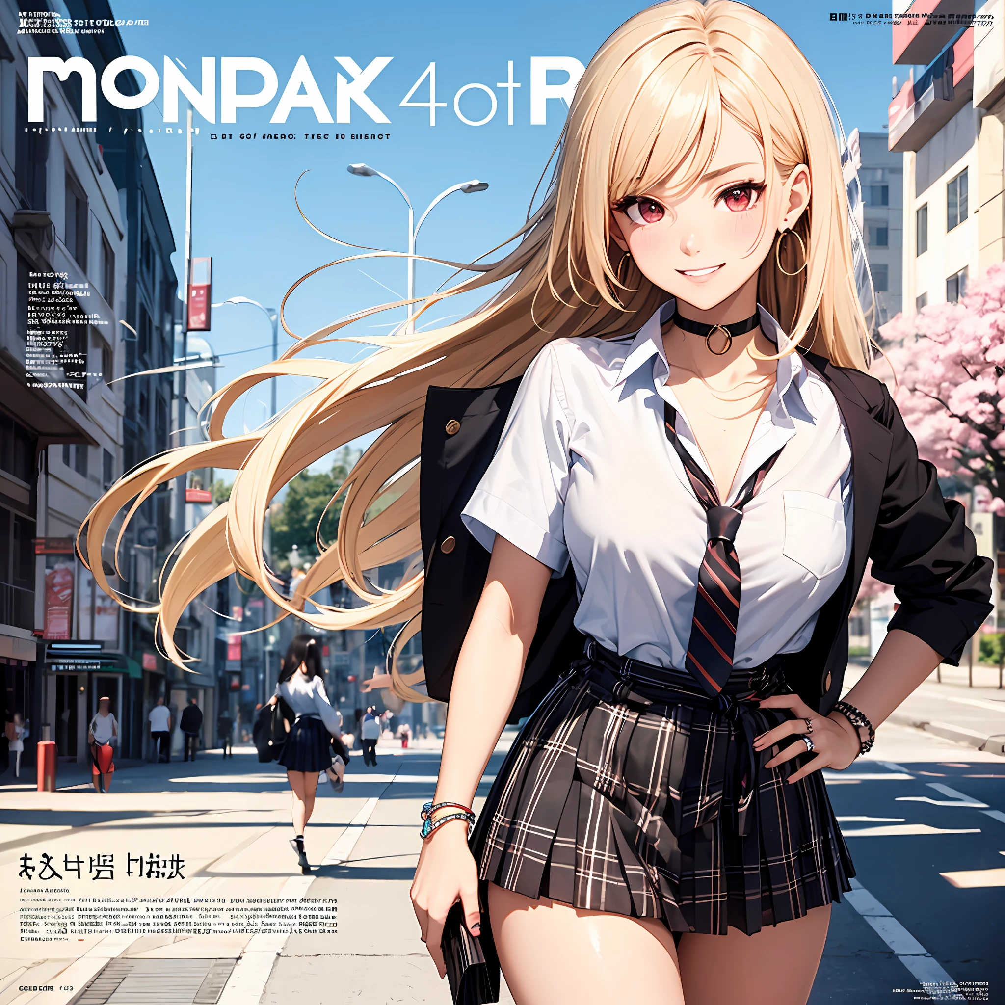 masterpiece, best quality, full body, 1girl, bangs, black choker, black necktie, blonde hair, blue skirt, blush, bracelet, breasts, choker, clothes around waist, collarbone, collared shirt, cowboy shot, dress shirt, ear piercing, eyebrows visible through hair, gradient hair, grin, gyaru, jewelry, kogal, long hair, looking at viewer, loose necktie, necktie, piercing, plaid, plaid skirt, pleated skirt, red eyes, ring, school uniform, shirt, skirt, smile, solo, white shirt, street, sky, cherry blossoms, petals,illustration, (magazine:1.3), (cover-style:1.3), fashionable, woman, vibrant, outfit, posing, front, colorful, dynamic, background, elements, confident, expression, holding, statement, accessory, majestic, coiled, around, touch, scene, text, cover, bold, attention-grabbing, title, stylish, font, catchy, headline, larger, striking, modern, trendy, focus, fashion, --auto