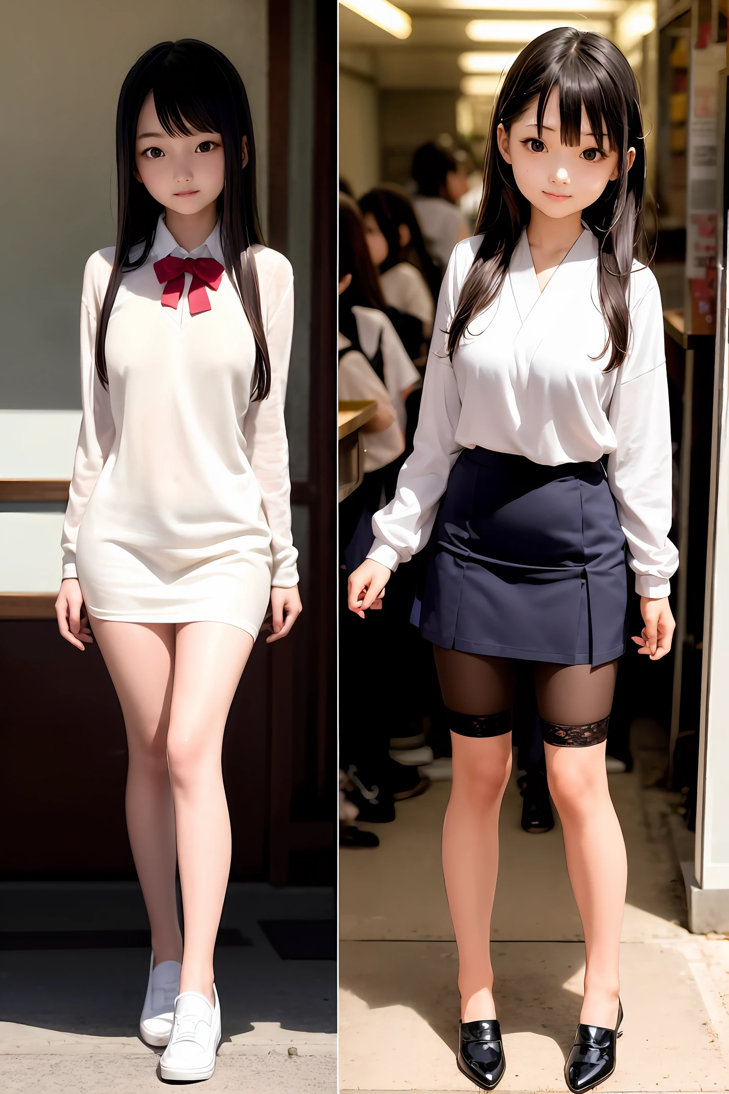 1 girl，Japan Girl，high school senior，Wear a school uniform，long whitr hair，Girls in real society，Master masterpieces，Master of photography，Bigchest，cute  face，A detailed face，being thin，legs long，Wear stockings，Full body photo