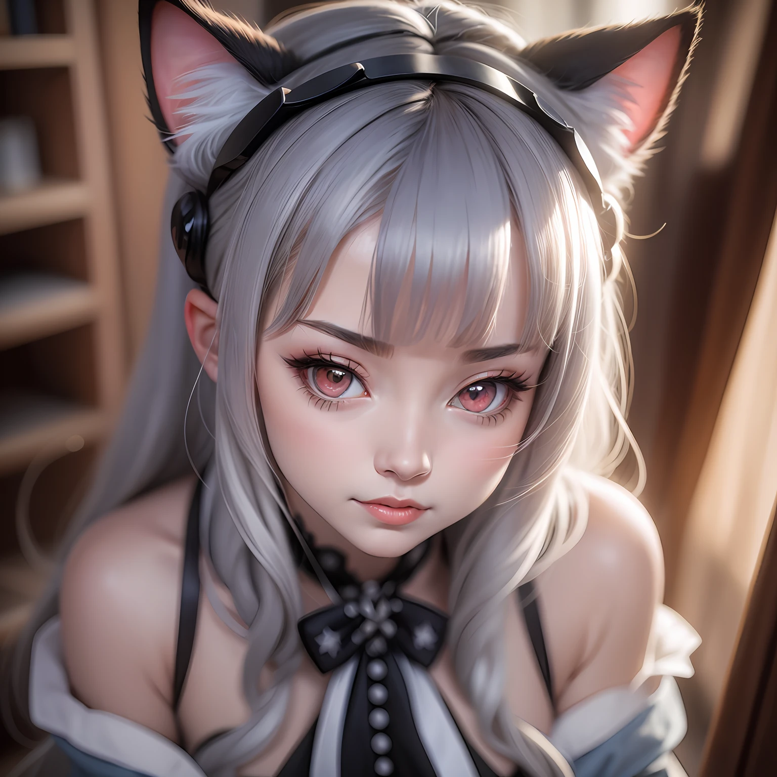 wince, longeyelashes, solid circle eyes, fake animal ears, light smile, ear blush, fang, white hair, demon horns, heart-shaped pupils, fox ears, blush, Surrealism, drop shadow, anaglyph, stereogram, tachi-e, pov, atmospheric perspective, high detail, chromatic aberration, super detail, ccurate, best quality --auto