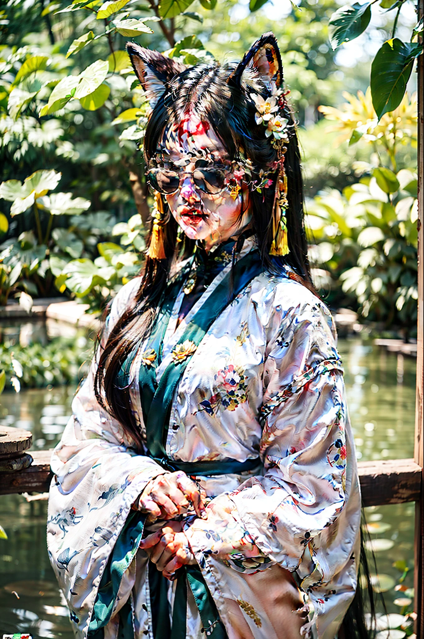 ((4k,masterpiece,best quality)), shuimobysim, Chinese painting, lotus, hanfu, maxiskit, dressed conservative 1 girl, solo, white hair, long hair, fox ears, white, bikini, fish, many fish close to the girl, looking at the audience, teasing