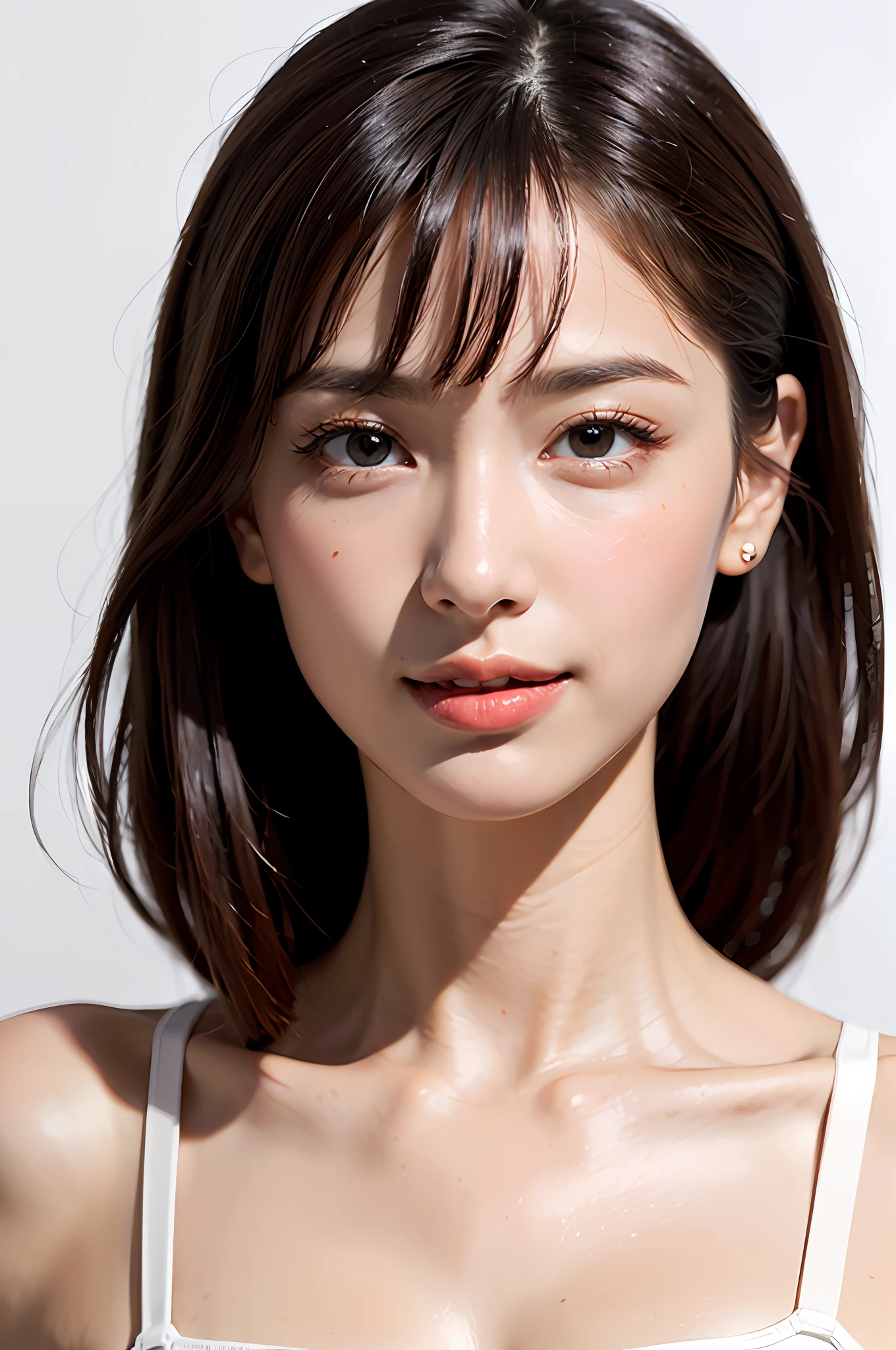 (realisitic、Photorealsitic:1.37)、(8K、Raw photography、top-quality、masterpiece:1.2)、cute little、ultra-detailliert、Heart-shaped pupil、physically-based renderingt、超A high resolution、Kodak Vision Color、Captured with an Arricam LT camera、bokeh dof、foco nítido、Look at viewers、Photorealsitic、realisitic、独奏、Photorealsitic、top-quality、extra detailed face、extremely detailed eye and face、beatiful detailed eyes、absurderes、incredibly absurdness、hair messy、Floating hair、short clean hair with bangs、Put your ears out、clean and long neck、Clean collarbone、glowy skin、Distinct double eyelids、Lashes、((Immaculate white background with nothing really、Close-up of the face))、Close your mouth and smile a little、White-colored skin