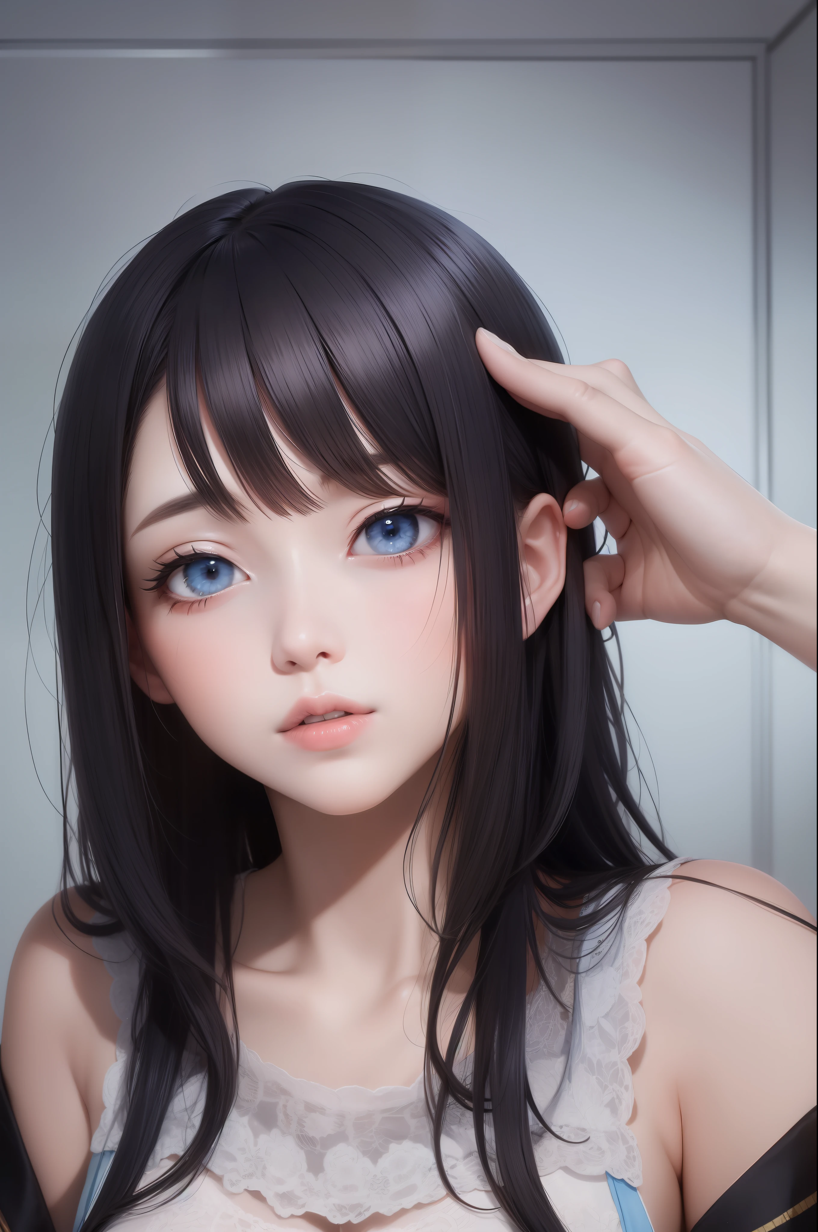 best quality, masterpiece, black hair, blue eyes, looking up, upper body