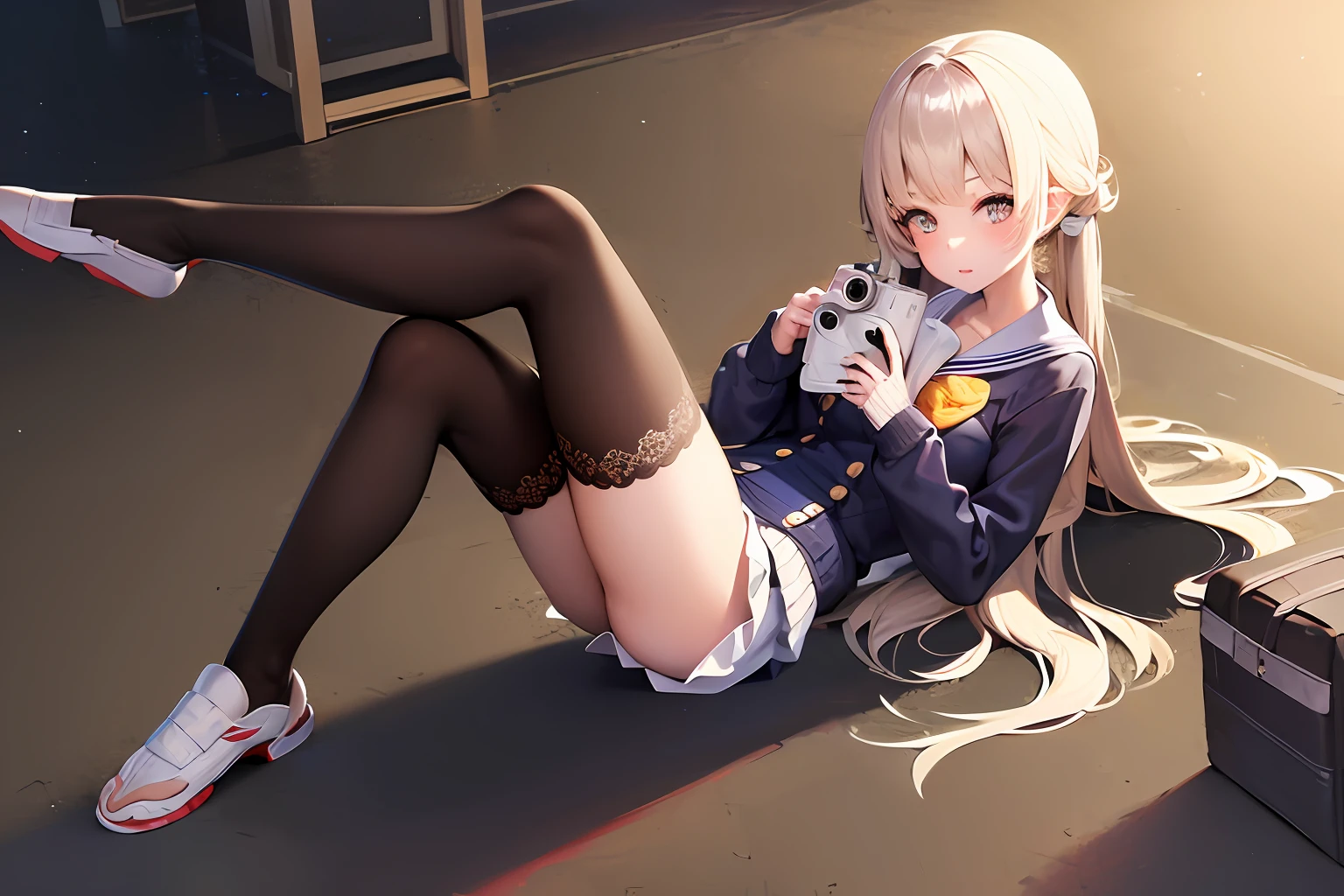 1 girl，Japan Girl，high school senior，Wear a school uniform，long whitr hair，Girls in real society，Master masterpieces，Master of photography，Bigchest，cute  face，A detailed face，being thin，legs long，Wear stockings，Full body photo