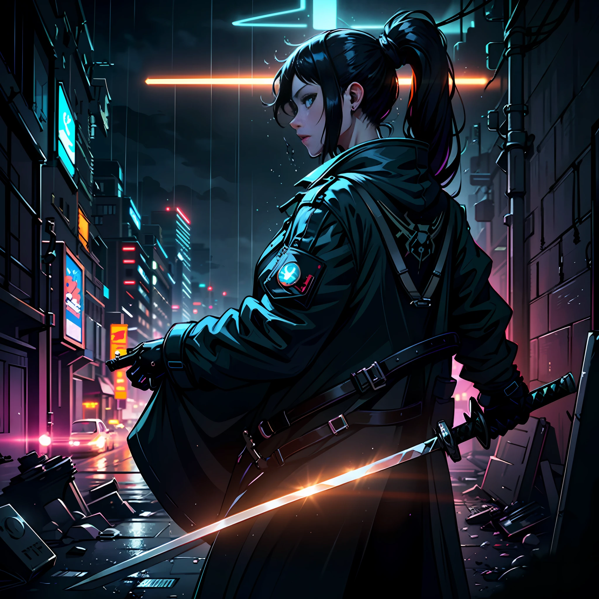 A high resolution,rainy evening,cyber punk perssonage,neonlight,Young girl in black trench coat,Back Shadow,sideface,With a ponytail,Glowing katana,solo person --auto
