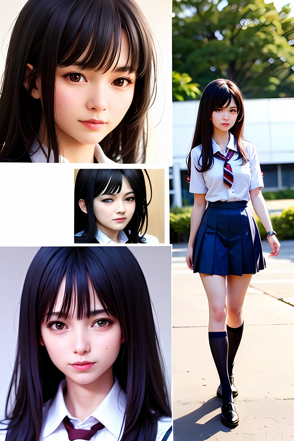1 girl,Japan Girl,high school senior,Wear a school uniform,long whitr hair,Girls in real society,Master masterpieces,Master of photography,Bigchest,cute face,A detailed face,being thin,legs long,Wear stockings,Full body photo