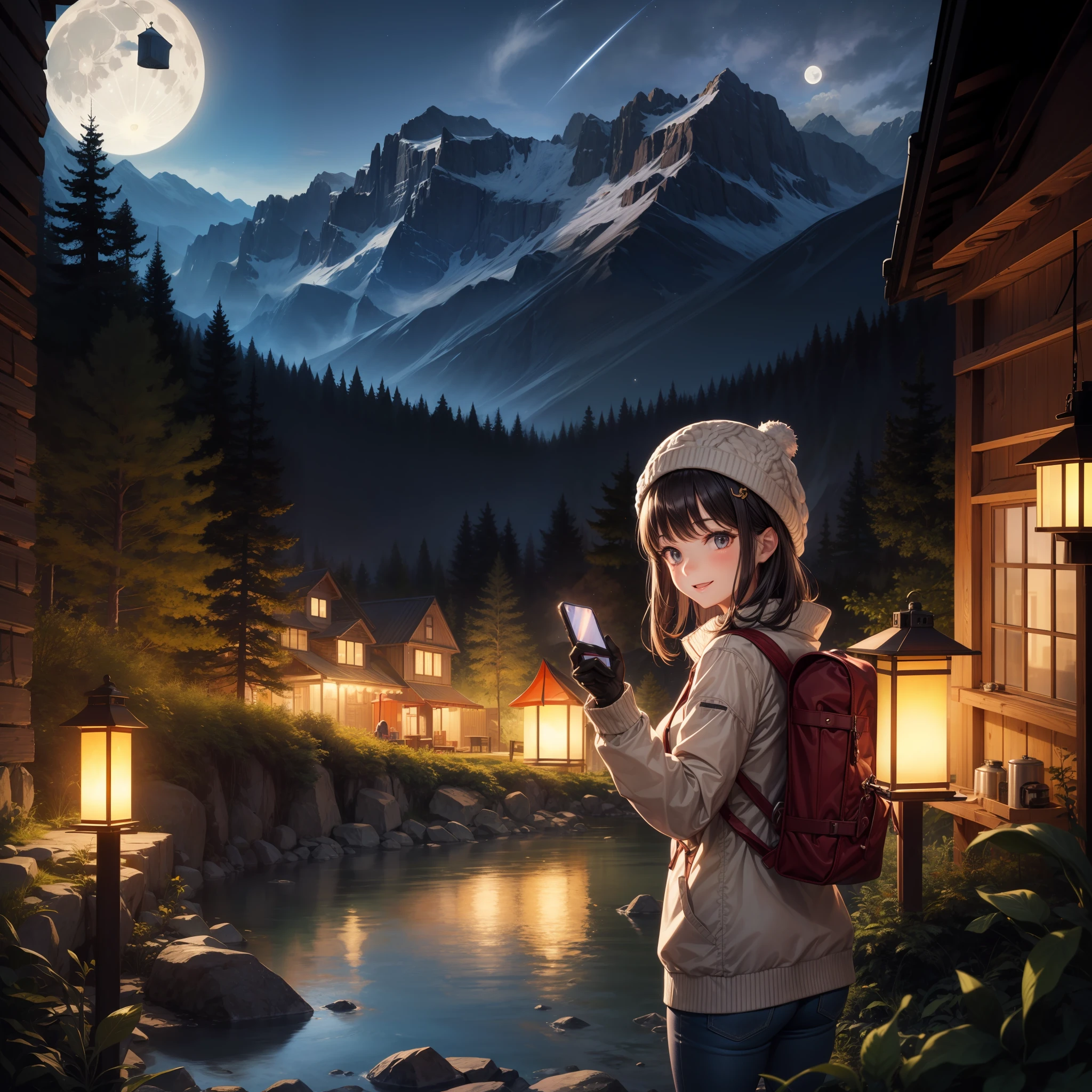 1 woman ((upper body selfie, happy)), masterpiece, best quality, ultra-detailed, ground, outdoor, (night), mountains, nature, (stars, moon) cheerful, happy, backpack, bag sleeping, camping stove, water bottle, mountain boots, gloves, sweater, hat, lantern, forest, stones, river, wood, smoke, shadows, contrast, clear sky, style, (warm hue, warm tone)