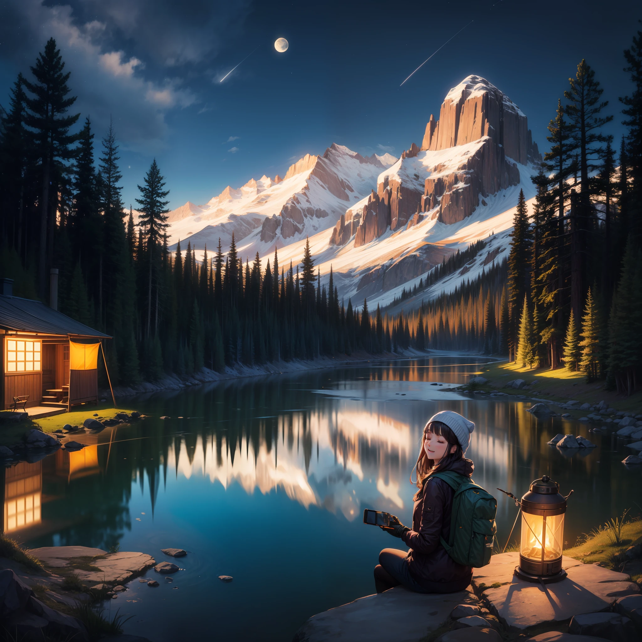 1 woman ((upper body selfie, happy)), masterpiece, best quality, ultra-detailed, ground, outdoor, (night), mountains, nature, (stars, moon) cheerful, happy, backpack, bag sleeping, camping stove, water bottle, mountain boots, gloves, sweater, hat, lantern, forest, stones, river, wood, smoke, shadows, contrast, clear sky, style, (warm hue, warm tone)