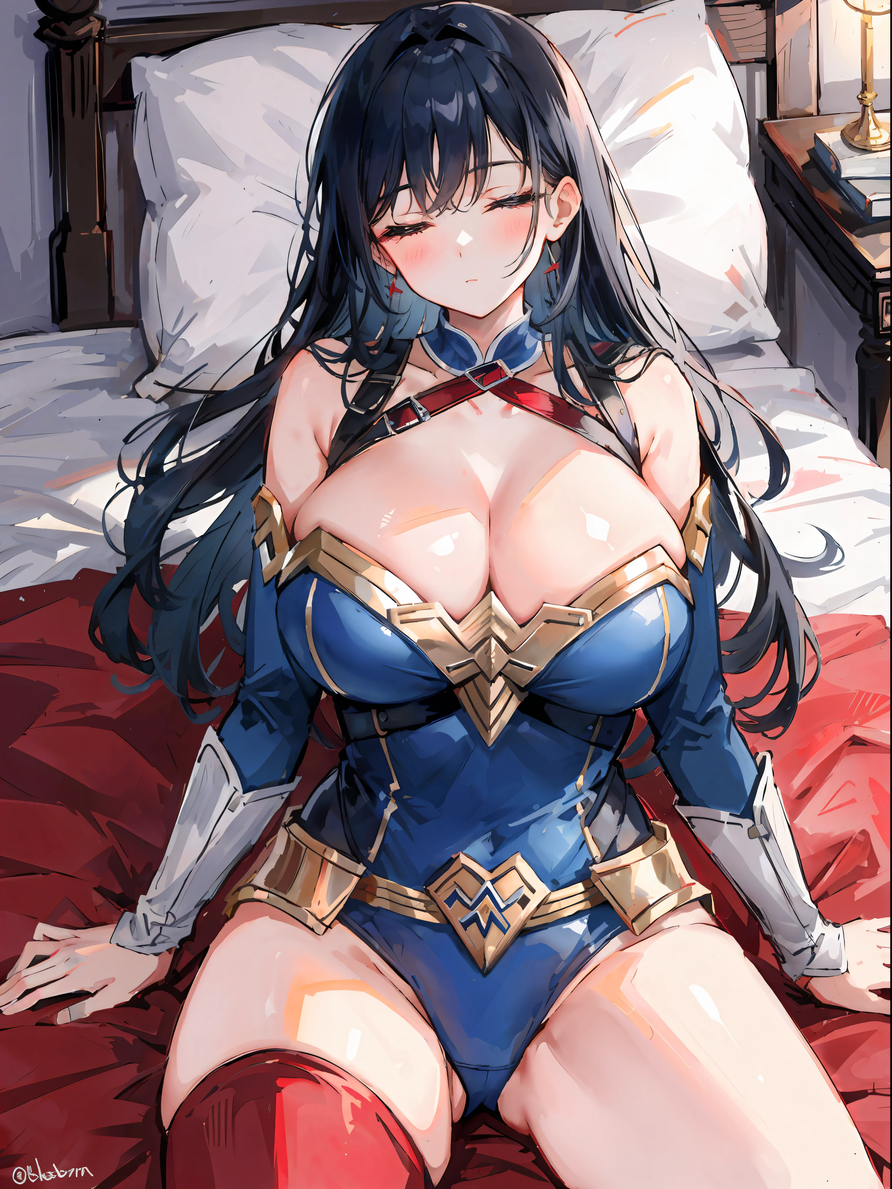 Sleeping wonderwoman, ripped costume, huge natural , Victorian bedrom