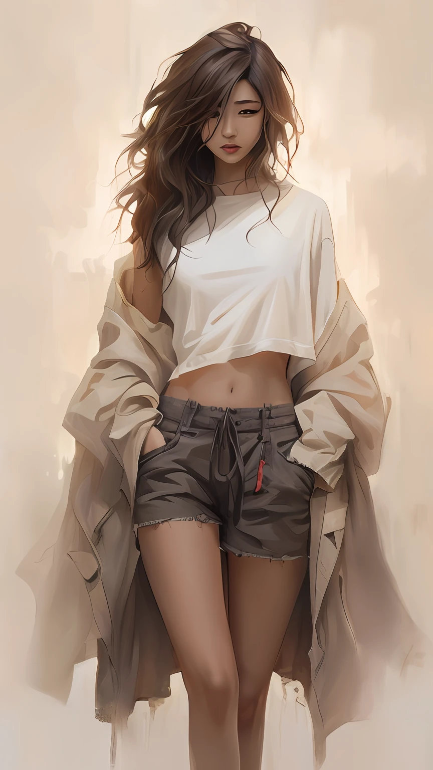 The perfect blue and white porcelain art style and short skirt in Asia, Stereoscopic cropping,Side openings,A T-shirt as thin as cicada wings, Silky translucent,Casual clothes, Premium texture,Pearl luster,Shell color in the sun,korean women's fashion model, comic character, casual clothing style, self-assured,Empress Fan,casual clothing style, comic character, Bra and shorts streetwear, Casual clothing, exposed midriff, 2 4 year old female model, Fully clothed. painting of sexy, Ross Tran style --auto
