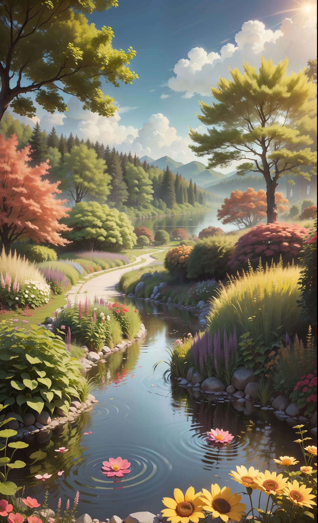 Eden's garden in heaven, beautiful landscape, magestic, ethereal, golden, trees, lake, bushes, flowers