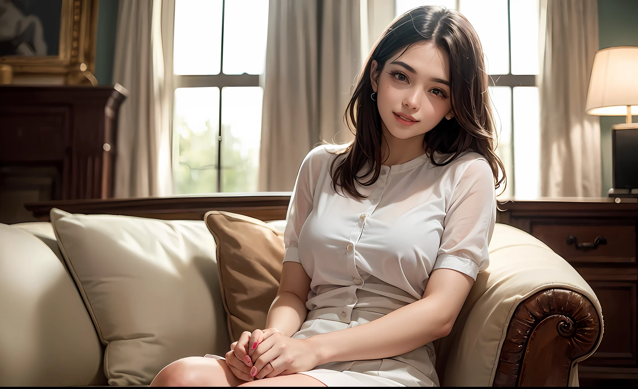 (8K、Raw photography、Photorealsitic:1.25)、lipgloss、Eye lashes、Smile showing teeth in braces、Bright face、bright skin、top-quality、超A high resolution、depth of fields、chromatic abberation、coustics、Broad lighting、Natural Shading、Watch viewers with a sense of calm euphoria、diffuse glow、(1 female:2)、Sitting on a beige sofa、white shirt、a miniskirt、(Arm cover worn on both hands:1.25)