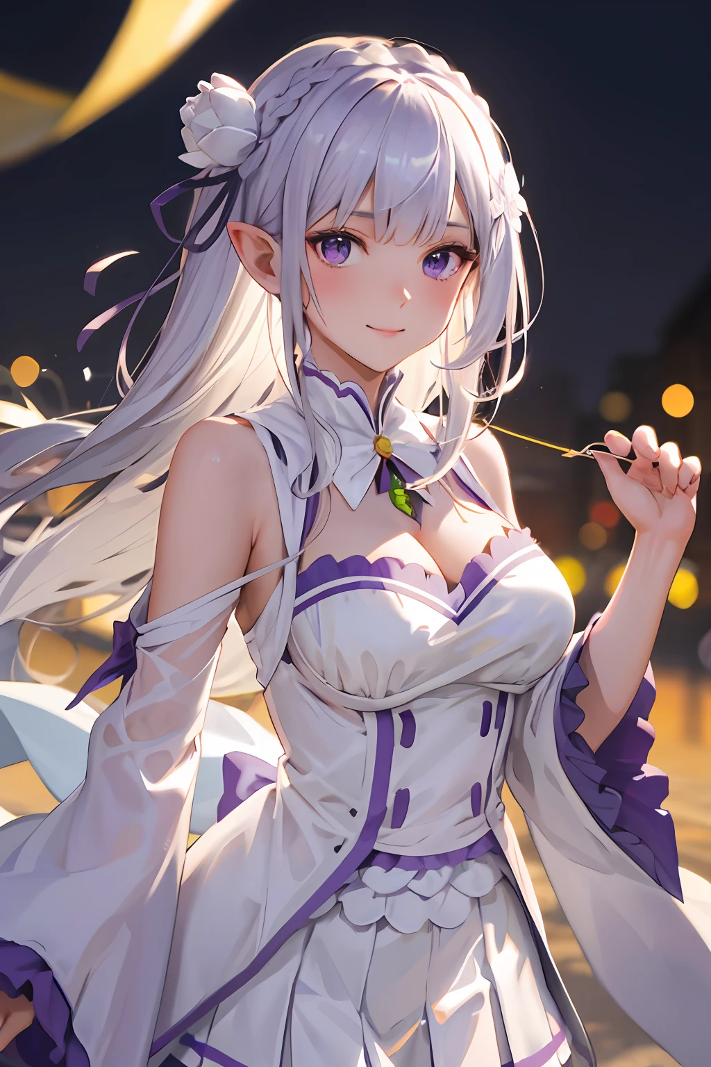 top-quality、hight resolution、ultra-detailliert、Emilia、Emilia Masterpiece、top-quality、 1girl in, bangss, Bare_shoulders, blunt_Bangs, bblurry, Blurry_Background, Blurry_Foreground, red blush, Braids, breastsout, cleavage of the breast, Closed_Mouth, clouds, diadems_braid, tag, Depth_in the_field, Detached_sleeves, doress, Emilia_\(Re:Staynight\), eyebrows_Visible_through_hair, florals, Pedras preciosas, hair_flower, hair_ornament detached, hair_bow ribbon, lens_f lare, long_hair, up looking_で_viewer, low-tied_long_hair, Medium_breasts, One_eye_Closed, plein air, pleats_Skirt, spiky_Ears, Purple_Eyes, Purple_bow ribbon, bow ribbon, Silver_hair, skirt by the, Skysky, A smile, 独奏, very_long_hair, white_flower