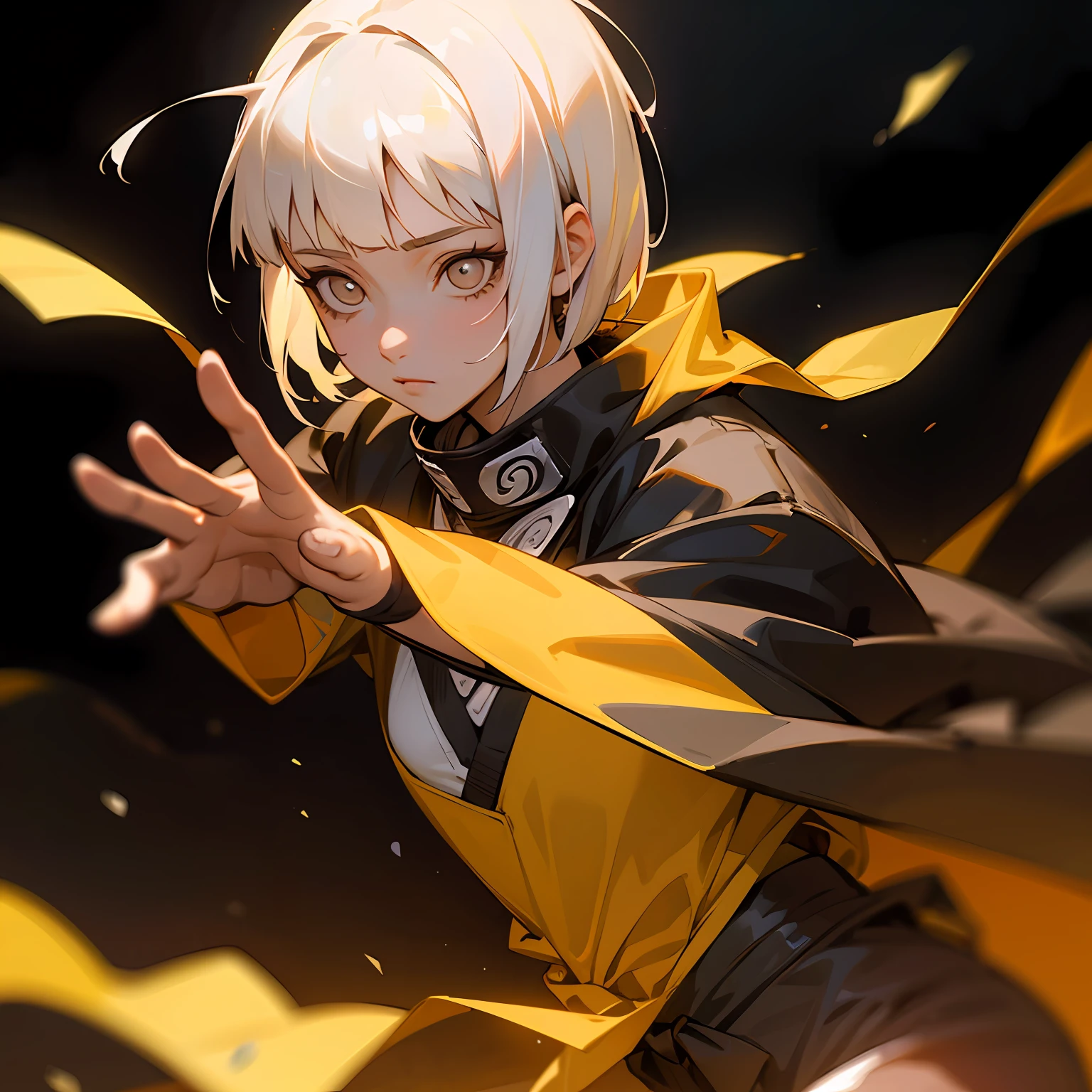 (masterpiece), (best quality), realistic, cinematic light, Hinata from Naruto, cool pose, battlefield background, perfect body, white eyes, white bobcut hair --auto