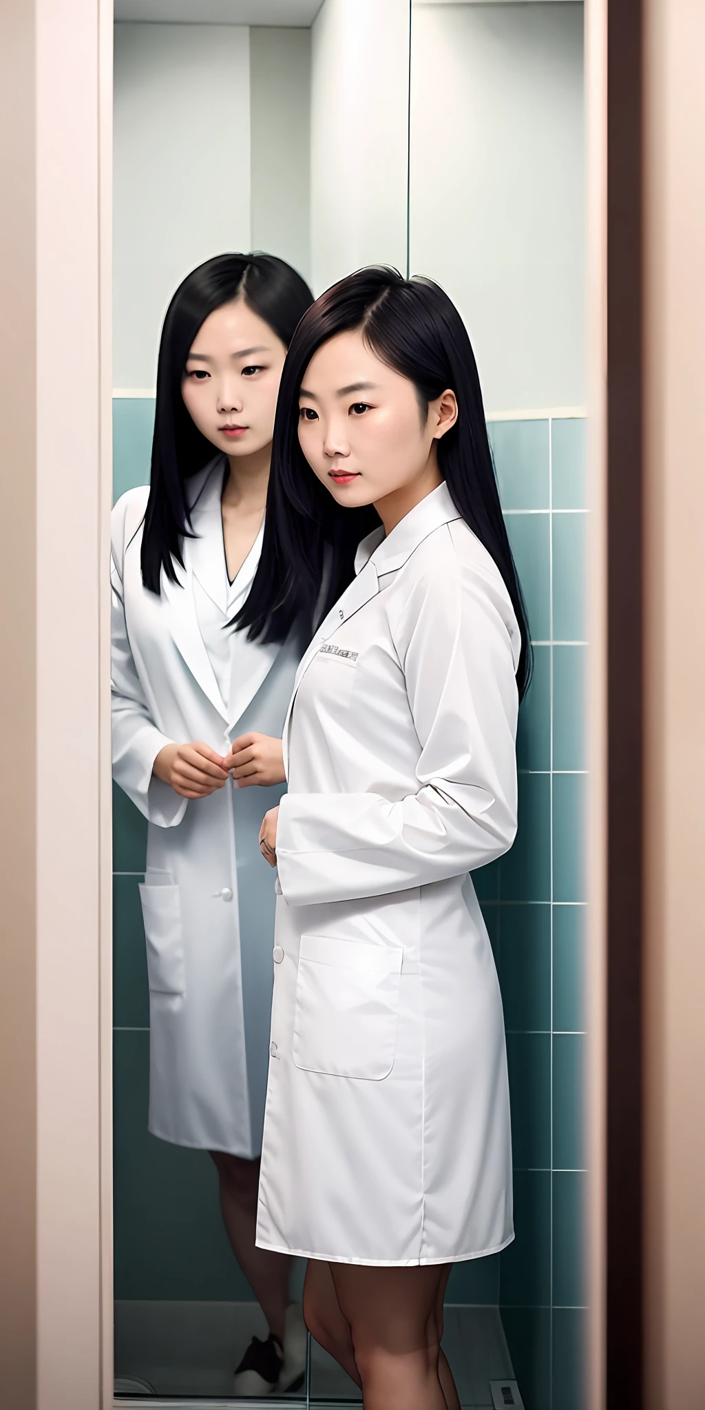 there is a woman standing in a bathroom with a mirror, gemma chen, jackie tsai style, katherine lam, joy ang, in white room, lulu chen, louise zhang, photoshoot for skincare brand, wearing lab coat and a blouse, lee ji - eun, lee ji-eun, taken with canon eos 5 d mark iv, shin min jeong