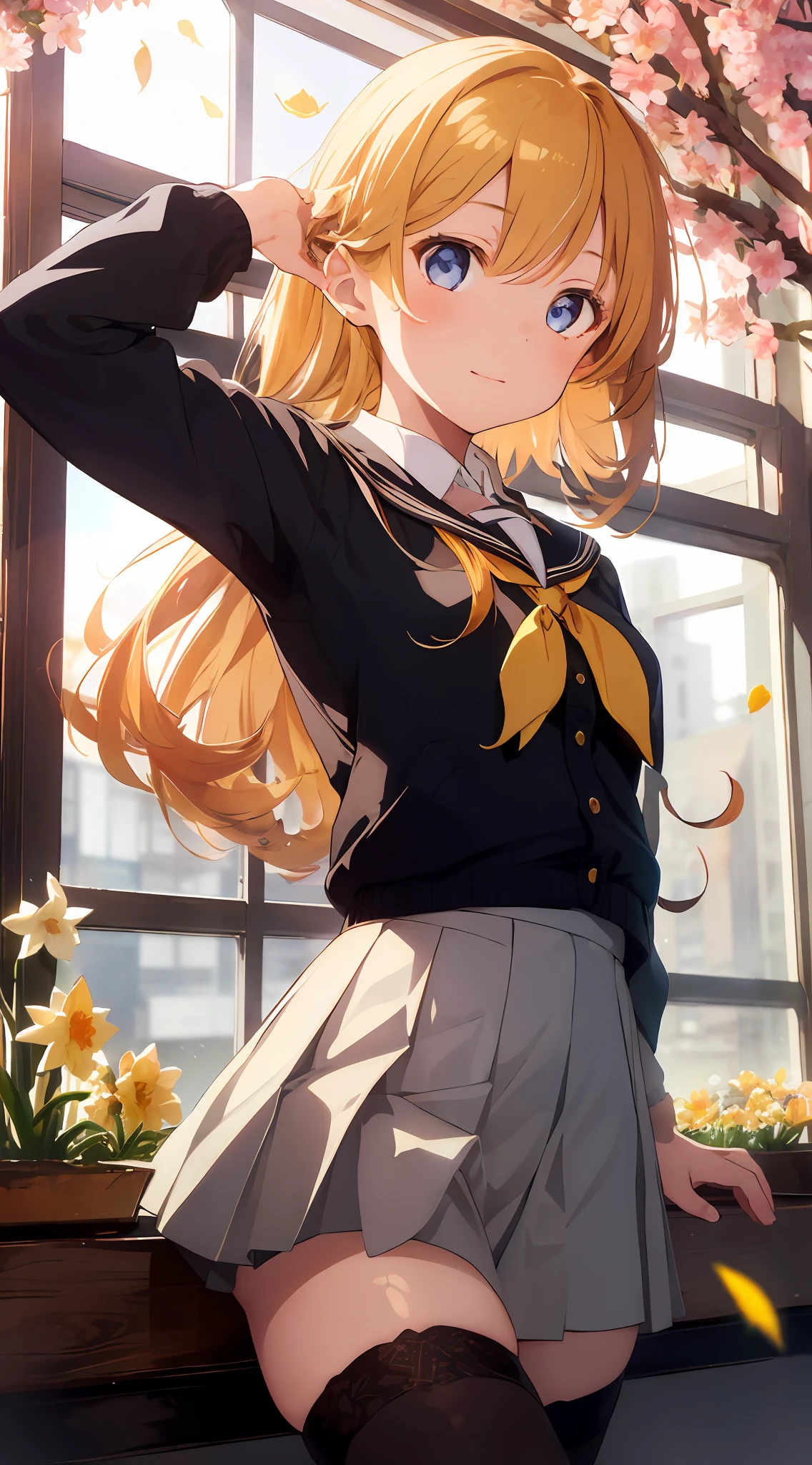 1girl, beautiful detailed eyes, caramel color eyes, school uniform, skirt, vivid, flower, daffodil, hyacinth, falling petals, long pale yellow hair, high black stocking, high contrast, ((masterpiece, best quality)), cinematic light, cinematic composition