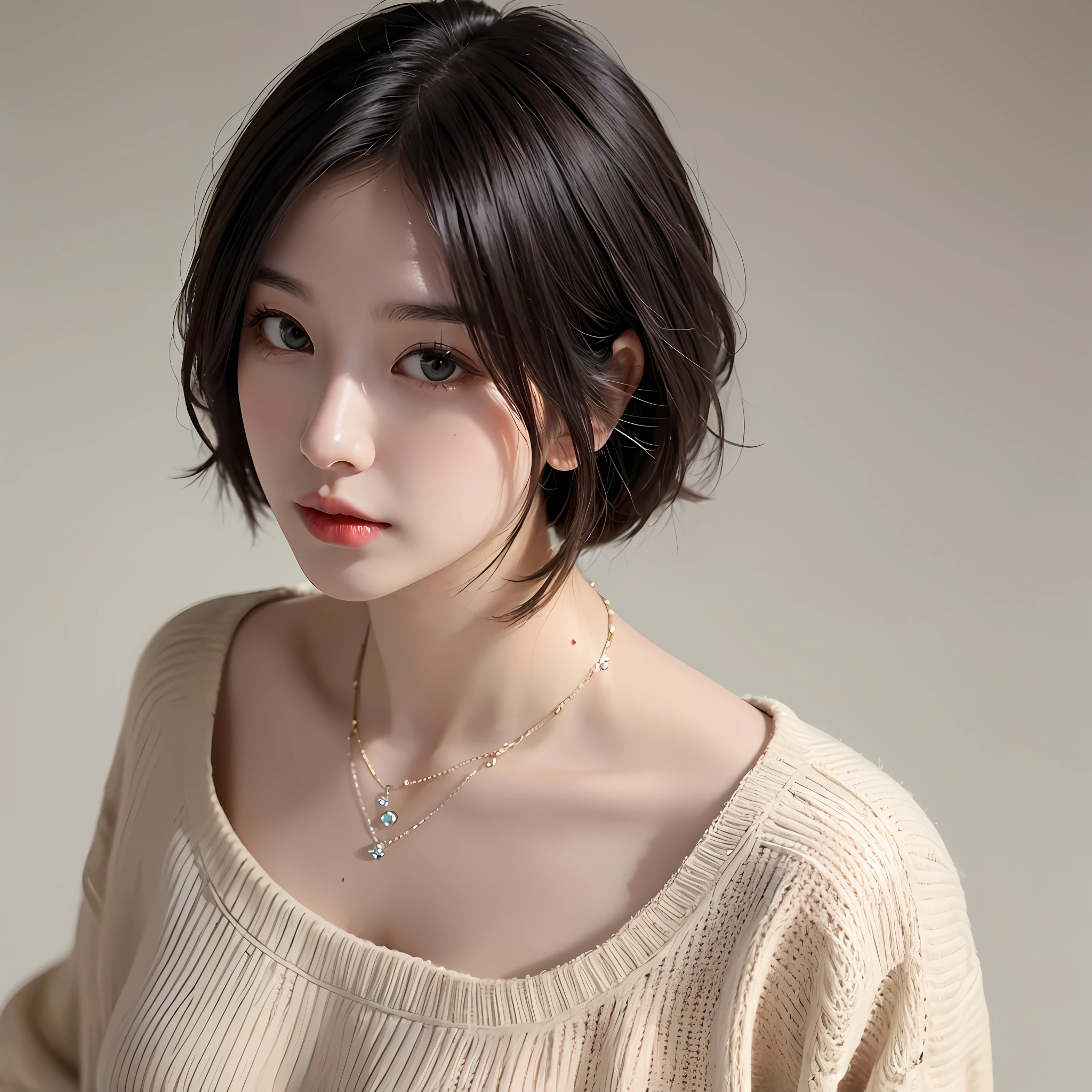 (Best quality, 8k, 32k, Masterpiece, UHD:1.2),Photo of Pretty Japanese woman, large breasts, very short bob hair,upper body,face focus,oversized_sweater, necklace, simple background, from above, looking at viewer, --auto