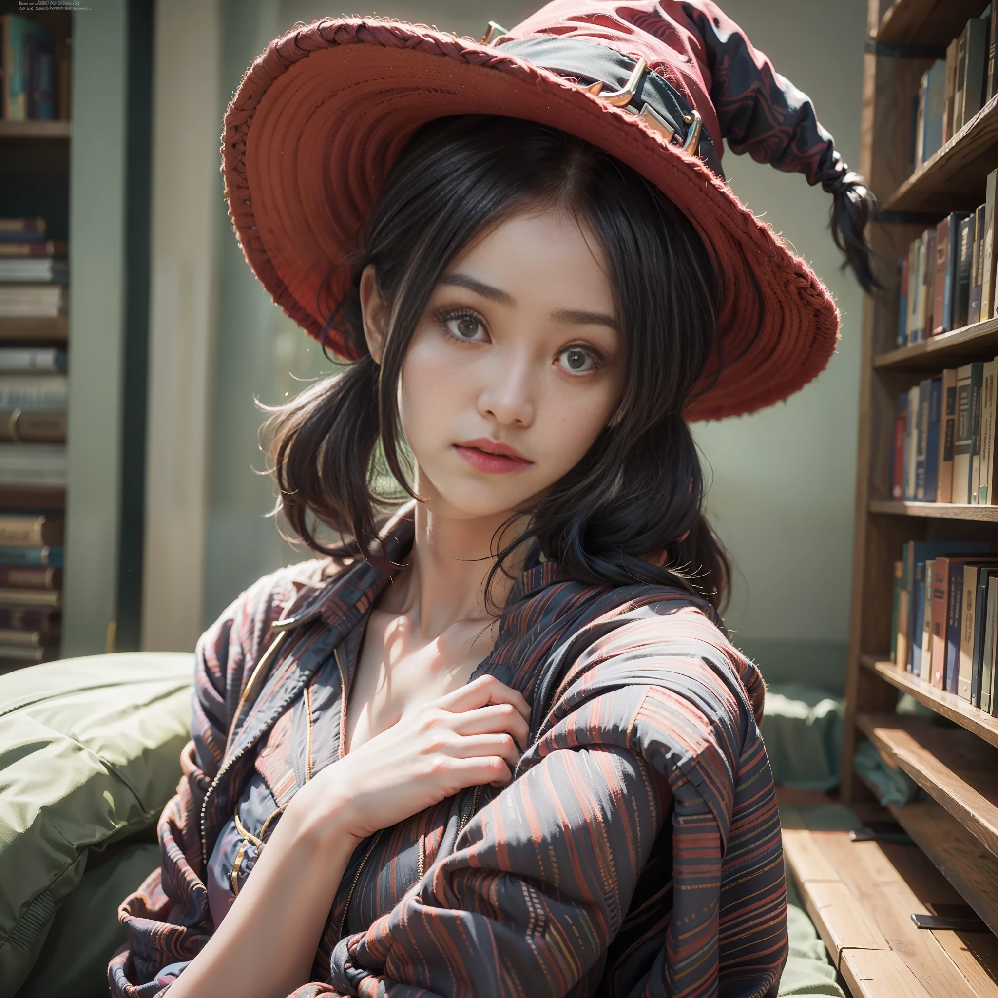 (masterpiece), (best quality), photorealism, realistic, ultra detailed, 8k resolution, (1girl), solo, beautiful girl, black twintail hair, sexy, witch, front light, cinematic light, cold light, library , witch hat, red clothes, indoor, mystery, fantasy, small body, small breast, exposed breast