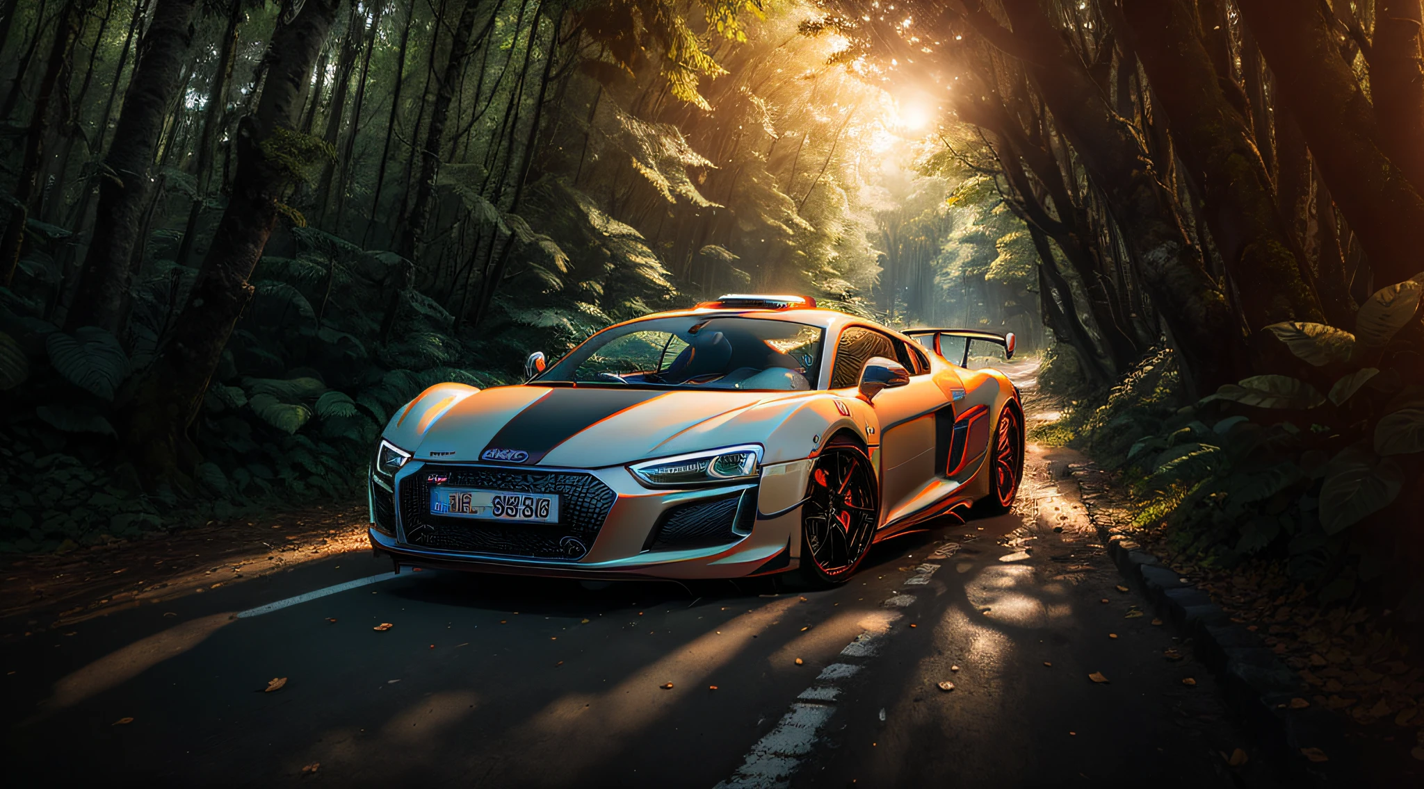 (4k画质，high definition detail，Powerful vehicles，The powerful Audi R8 is crossing the barricades，Drive deep into the dense forest)，Audi R8 in the sunset，A vast atmospheric cloud，Walk through the woods，sheer cliffs，The route is bumpy，Dust splashed on the wheels，Walk through piles of leaves，The picture is full of tension。 --auto