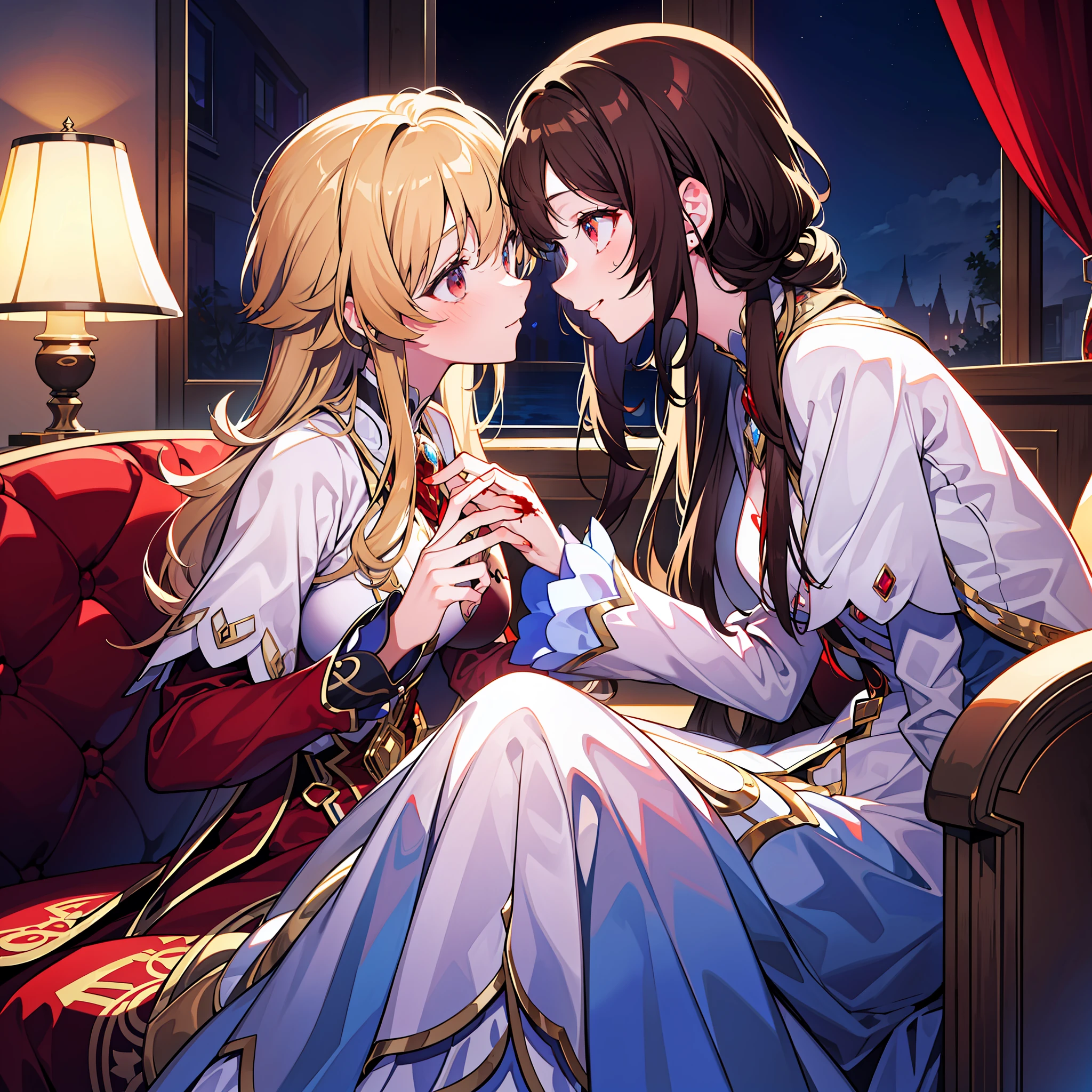 (tmasterpiece)+(Highest image quality)+(Super fine CG unity 8k wallpaper)+(BEST lighting)+(Shiny)+(beautiful night)+(2 girls:The blonde，Has amber eyes+Brunette girl,Gentle gaze,brunette color hair，Blood-red eyes,)+（The two girls looked at each other tenderly）