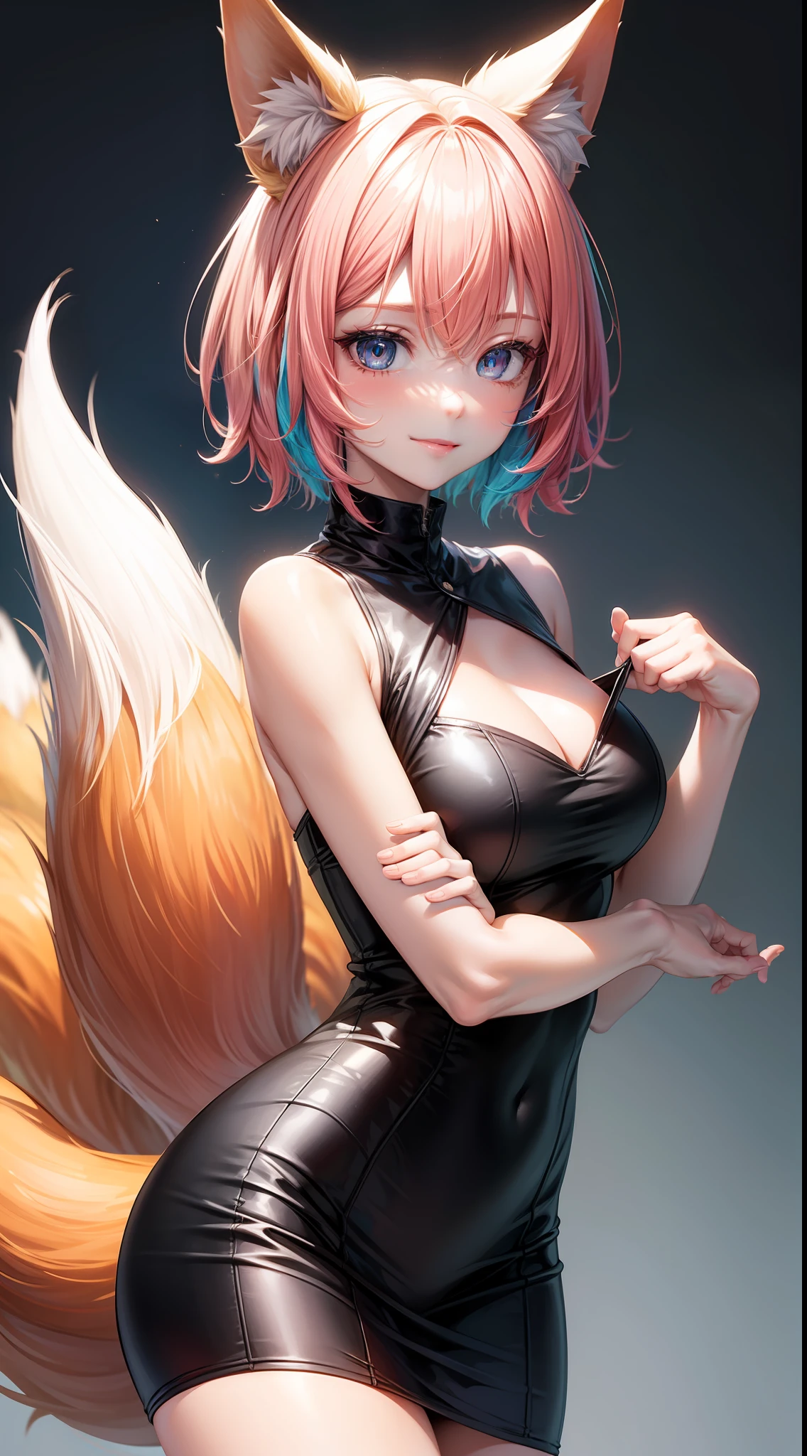 Adult woman, short pink hair, Fox ears, Fox tails, colorful eyes, tight dress, ssmile, Masterpiece, hiquality