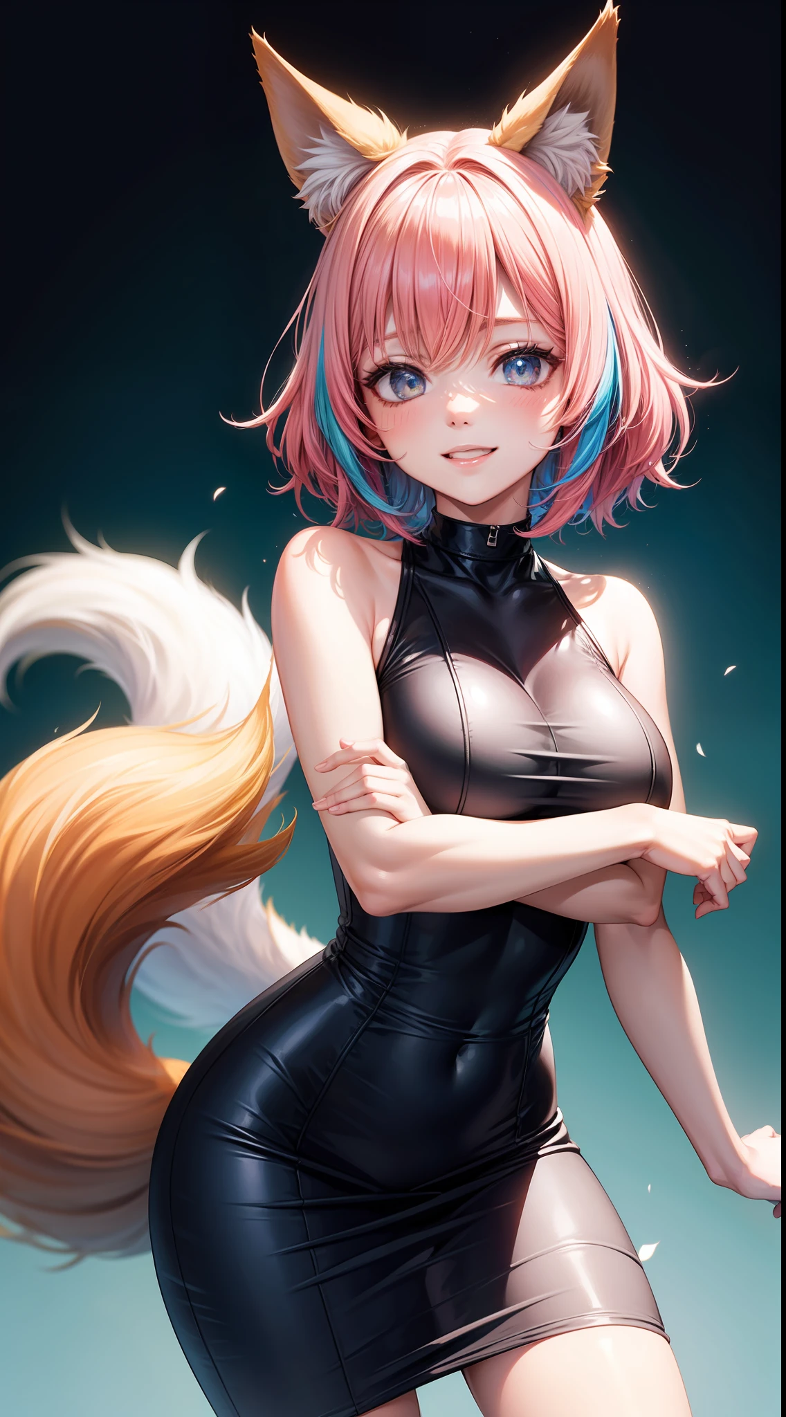 Adult woman, short pink hair, Fox ears, Fox tails, colorful eyes, tight dress, ssmile, Masterpiece, hiquality