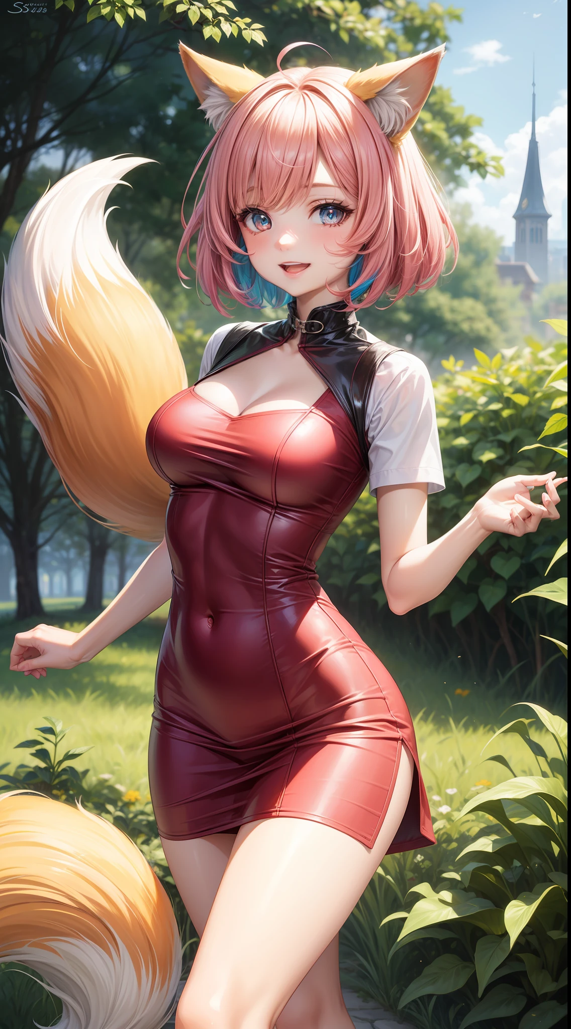 Adult woman, short pink hair, Fox ears, Fox tails, colorful eyes, tight dress, ssmile, Masterpiece, hiquality