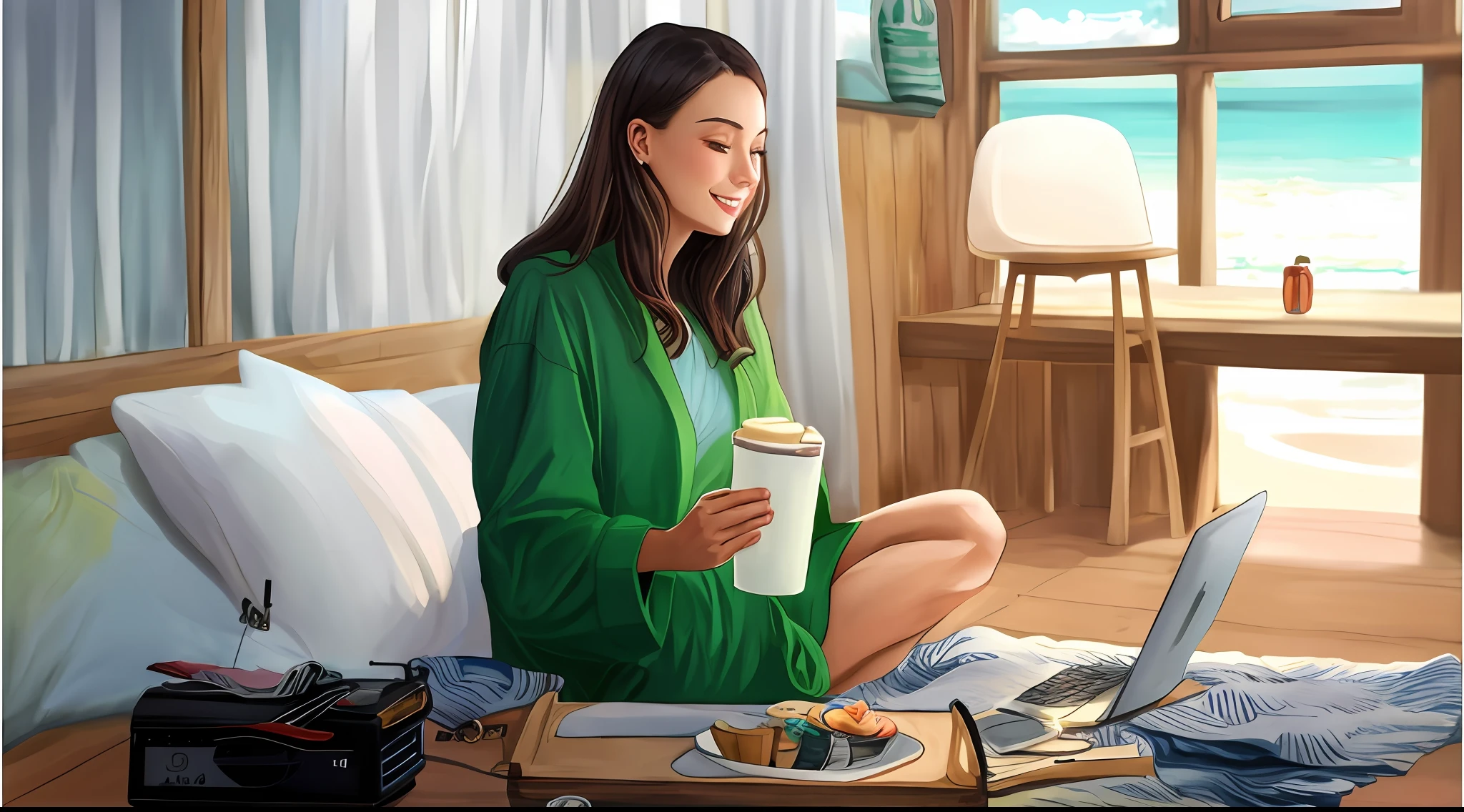 Imagem de alta qualidade de uma linda mulher de chapeu de praia, jovial e sentada em sua cabana em uma ilha deserta. She's using a typewriter, com um coco verde e canudo ao lado e um sorriso radiante no rosto. A imagem deve ser vibrante e colorida, with crisp, Detalhes realistas, a fim de transmitir o sentimento de jovialidade. The scenery in the background can be an empty beach with the sea in the background, com o sol brilhando e destacando as cores vibrantes do ambiente. The woman should be wearing comfortable and relaxed clothes, como uma camiseta e shorts, e seu cabelo deve estar naturalmente ondulado, como se ela tivesse acabado de acordar. The image should convey the feeling of freedom and happiness, As if the woman were enjoying a moment of tranquility and peace in a paradisiacal place.