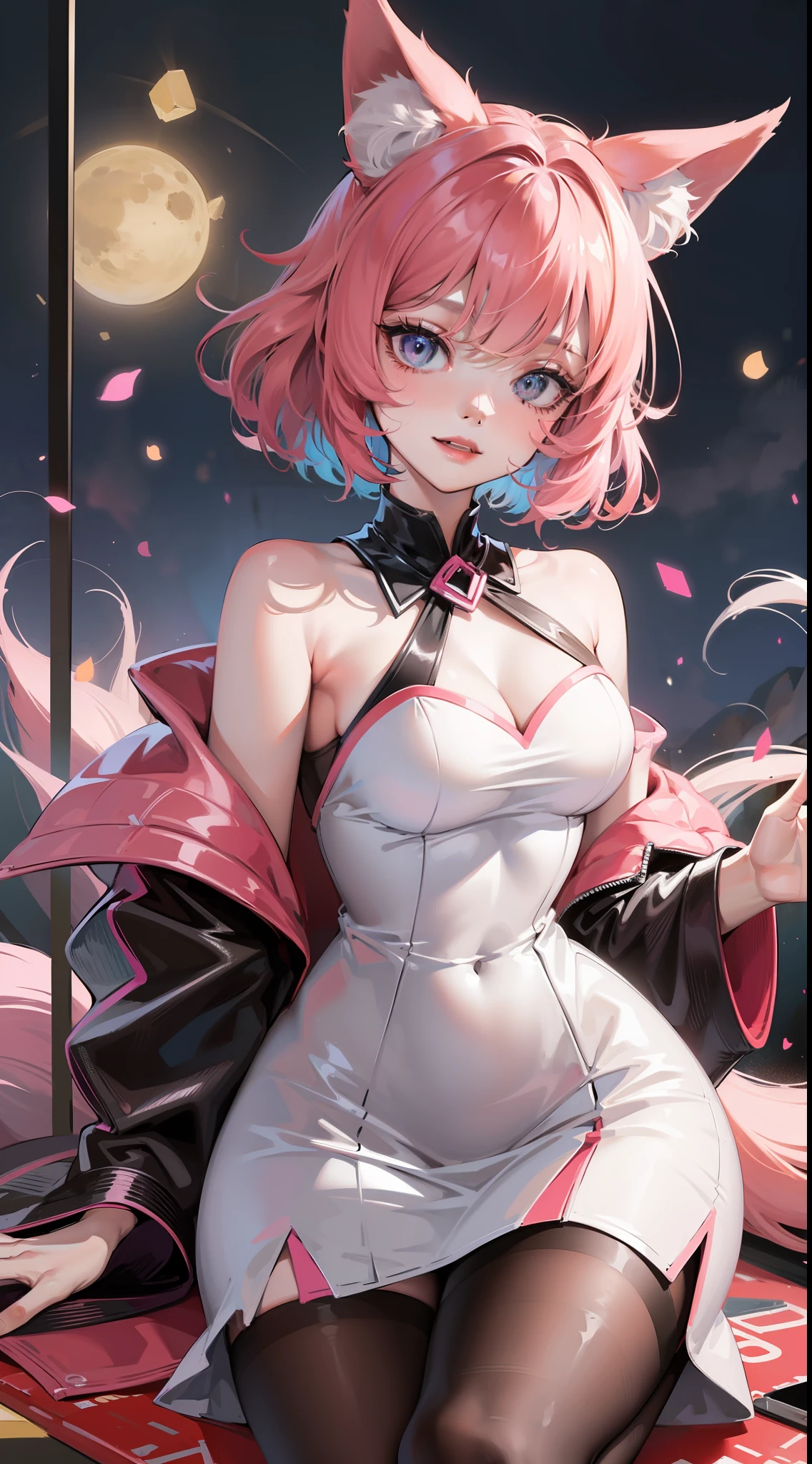 Adult woman, short pink hair, Fox ears, Fox tails, colorful eyes, tight dress, ssmile, Masterpiece, hiquality