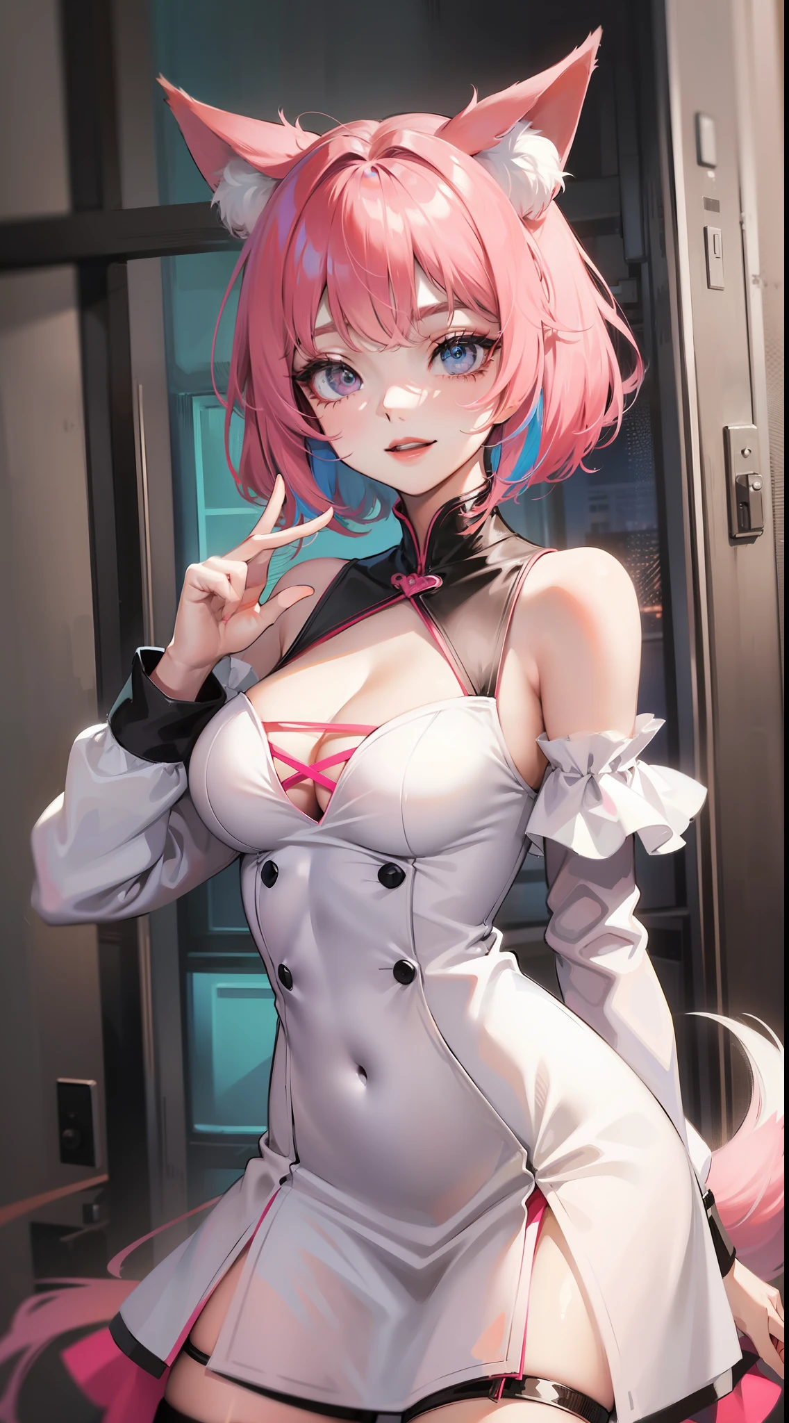Adult woman, short pink hair, Fox ears, Fox tails, colorful eyes, tight dress, ssmile, Masterpiece, hiquality