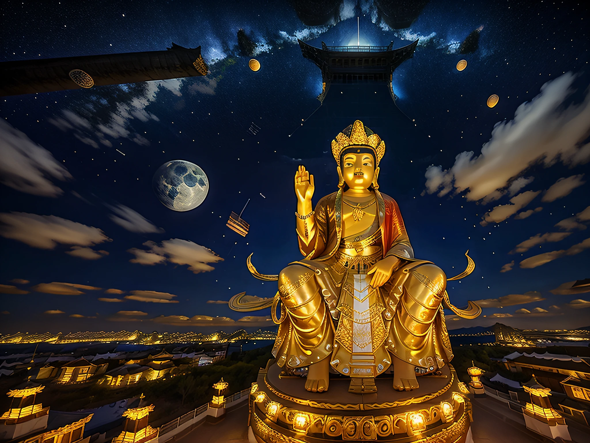 Maitreya, Maitreya Buddha, Maitreya, a large golden Buddha statue sitting in a room with a blue ceiling and a background of blue sky, clouds, above_clouds, airship, aurora, bridge, building, castle, chimney, city, city_lights, cityscape , clock, clock tower, clouds, cloudy sky, constellations, crescent, desert, earth_\(planet\), fireworks, floating islands, fountains, galaxies, glowing, houses, islands, lampposts, lanterns, light particles , galaxy, moon, mountain, night, night sky, no_humans, planet, landscape, meteor, sky, skyline, skyscraper, snow, snowing, space, star_\(sky\), star_\(symbol\), starry_sky, starry_sky_print, telescope, tower, town, twilight, ship