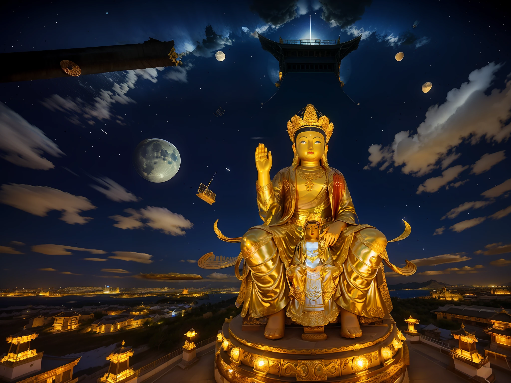 Maitreya, Maitreya Buddha, Maitreya, a large golden Buddha statue sitting in a room with a blue ceiling and a background of blue sky, clouds, above_clouds, airship, aurora, bridge, building, castle, chimney, city, city_lights, cityscape , clock, clock tower, clouds, cloudy sky, constellations, crescent, desert, earth_\(planet\), fireworks, floating islands, fountains, galaxies, glowing, houses, islands, lampposts, lanterns, light particles , galaxy, moon, mountain, night, night sky, no_humans, planet, landscape, meteor, sky, skyline, skyscraper, snow, snowing, space, star_\(sky\), star_\(symbol\), starry_sky, starry_sky_print, telescope, tower, town, twilight, ship