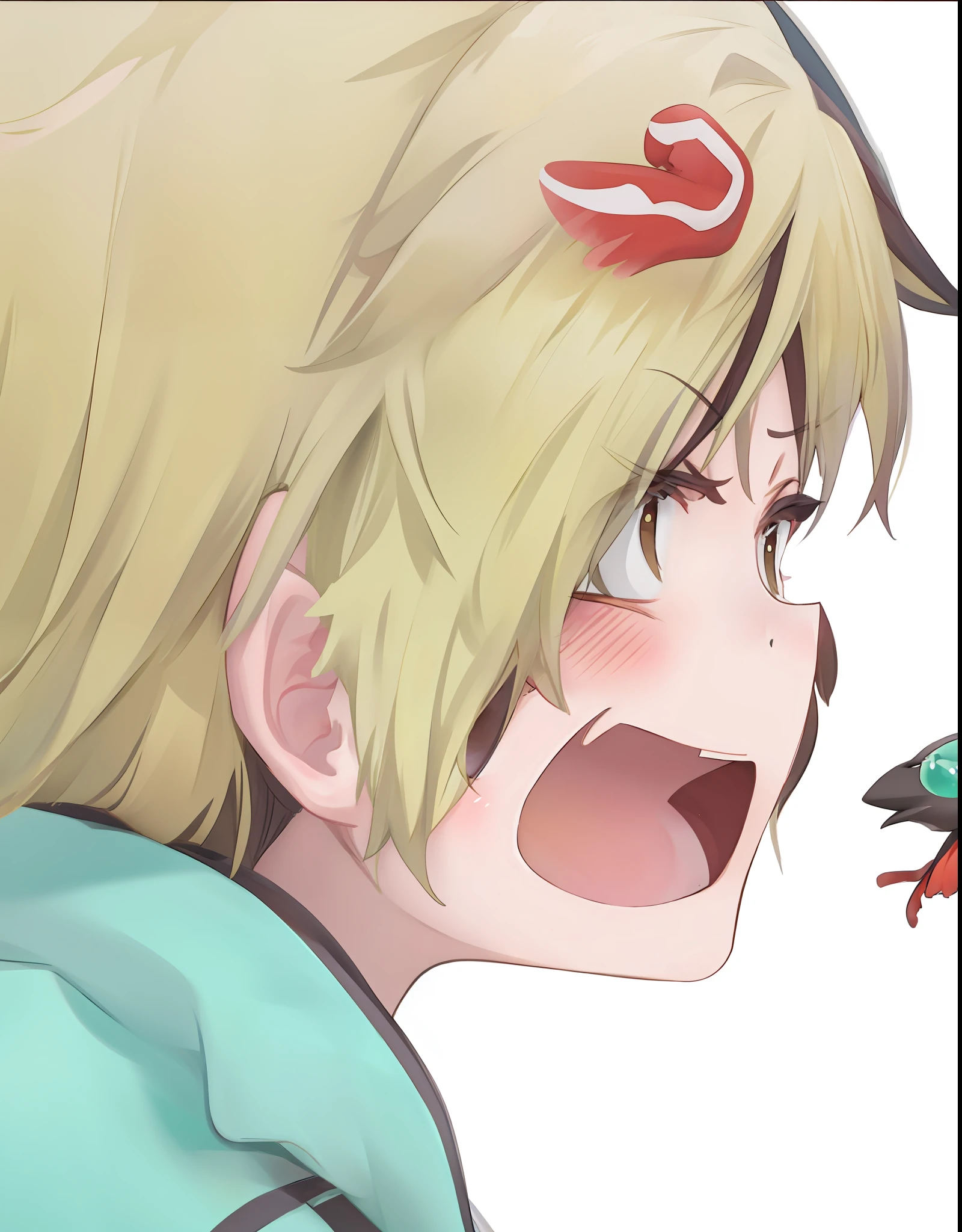 The anime boy has a small bird on his shoulder,The little boy has a Zhengtai face, very handsome and cute,, An angry expression, cynical face,,Slightly angry, ,slightly happy facial expression,Some are weak-hearted,A shy expression made his face and ears red,Yellow hair,With his mouth open, he is refuting other people's words,A little baby fat on the face