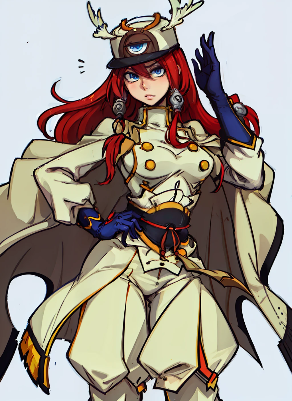 (((masterpiece, best quality, high resolution))),soft lighting, 1girl, tsubakims, hair tubes, hat, gloves, uniform, cape, military uniform, head wings, blazblue, Tsubaki yayoi, sexy pose, arms and hands down at side