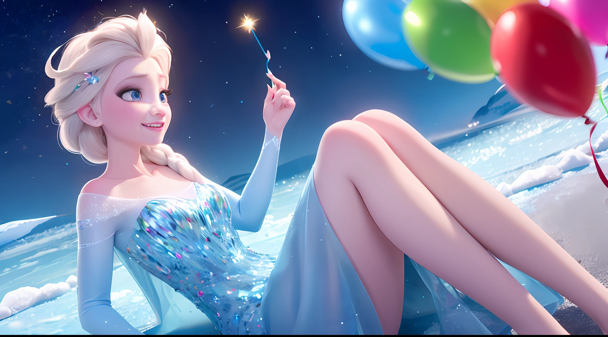 (obra maestra:1.4), (mejor calidad:1.4), (High resolution:1.4), Elsa de Arendelle, They are smiling, Vestido de Ice Queen, dormitorio, mirando al espectador, 1 girl solamente, Enfoque en solitario, Elsa with birthday balloons