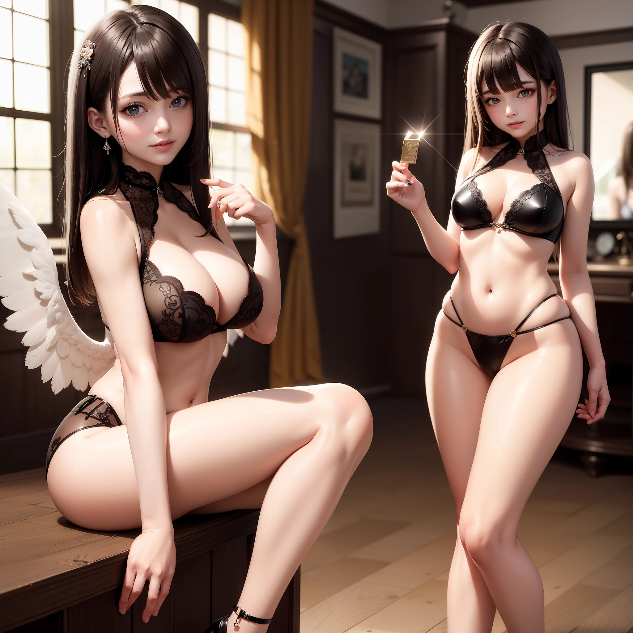 Gradient hair, pupils sparkling, Makeup, Shy, nervous smile, Raised sexy, big breasts exposed cleavage, ssee-through, low chest, Beautiful legs, Beautiful breasts and buttocks, Angelic face, Bright wings, Realism, Verism, Cinematic lighting, Depth of field, god light, in a panoramic view, Lens flare, Wide-angle, hyper HD, retinas, Masterpiece, ccurate, Textured skin, Super detail, High details, A high resolution, High quality, Best quality, Award-Awarded, 16k --auto